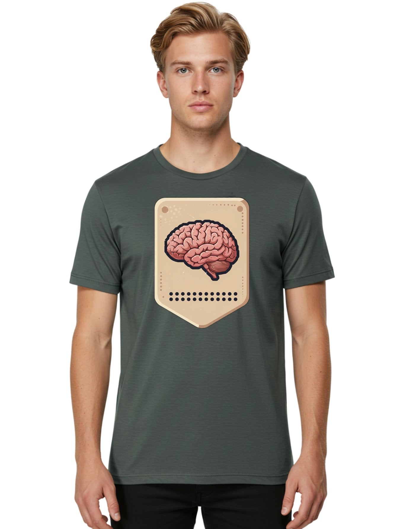 Brain-Icon-1 Men'S Graphic Tee, 100% Cotton, Comfortable Casual Summer Wear, Machine Washable, Human Brain Illustration, Pinkish-Red Brain, Black Outline, Beige Background, Perforated Edge, Small Holes, Brain Anatomy, Cognitive Function, Baa209 30