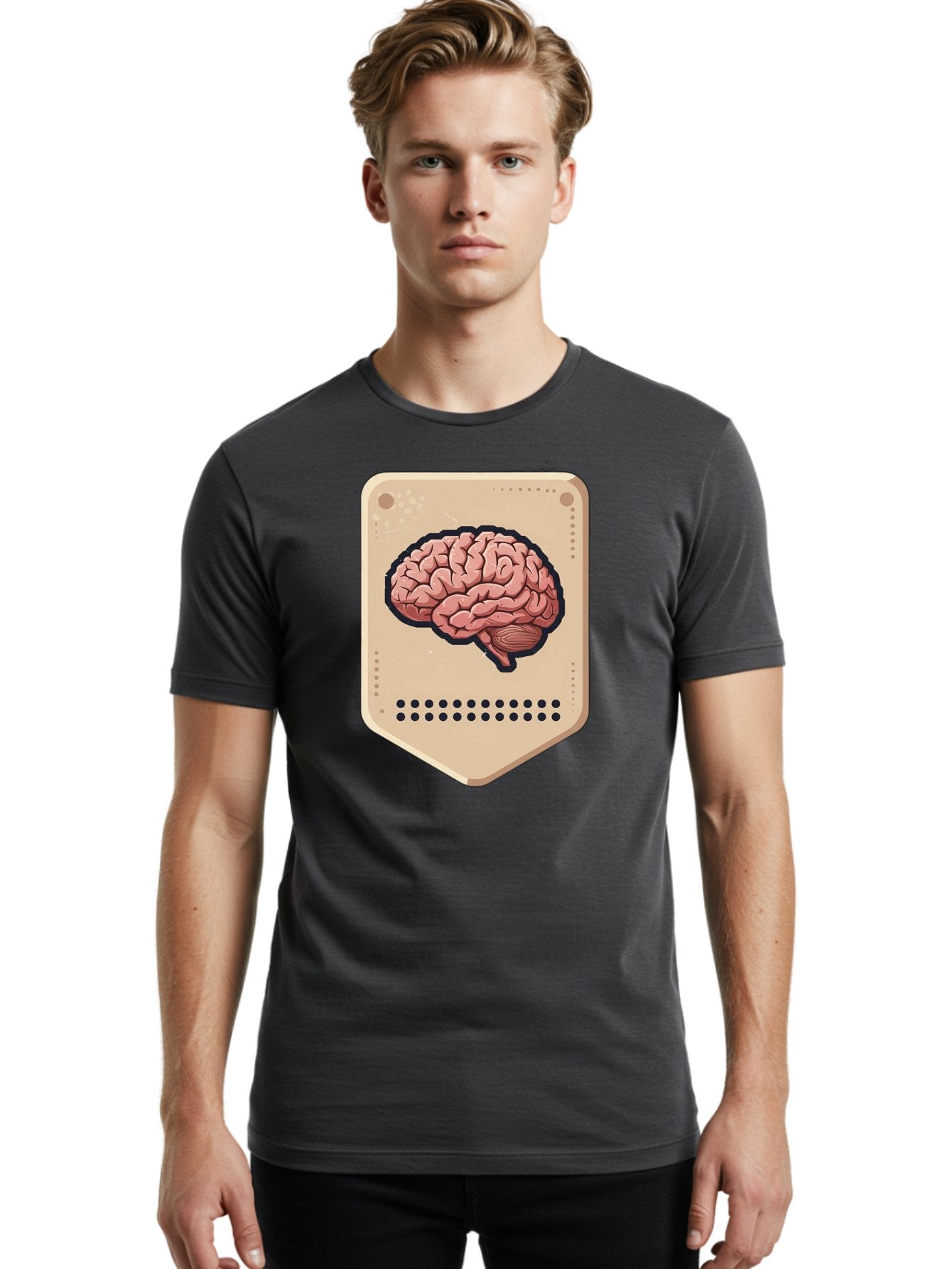 Brain-Icon-1 Men'S Graphic Tee, 100% Cotton, Comfortable Casual Summer Wear, Machine Washable, Human Brain Illustration, Pinkish-Red Brain, Black Outline, Beige Background, Perforated Edge, Small Holes, Brain Anatomy, Cognitive Function, Baa209 16