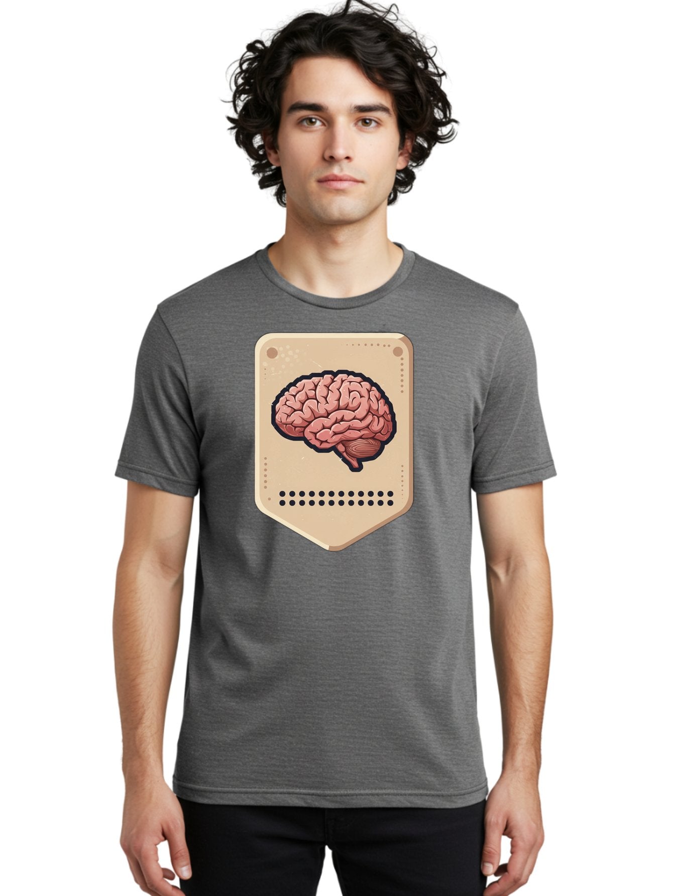 Brain-Icon-1 Men'S Graphic Tee, 100% Cotton, Comfortable Casual Summer Wear, Machine Washable, Human Brain Illustration, Pinkish-Red Brain, Black Outline, Beige Background, Perforated Edge, Small Holes, Brain Anatomy, Cognitive Function, Baa209 22