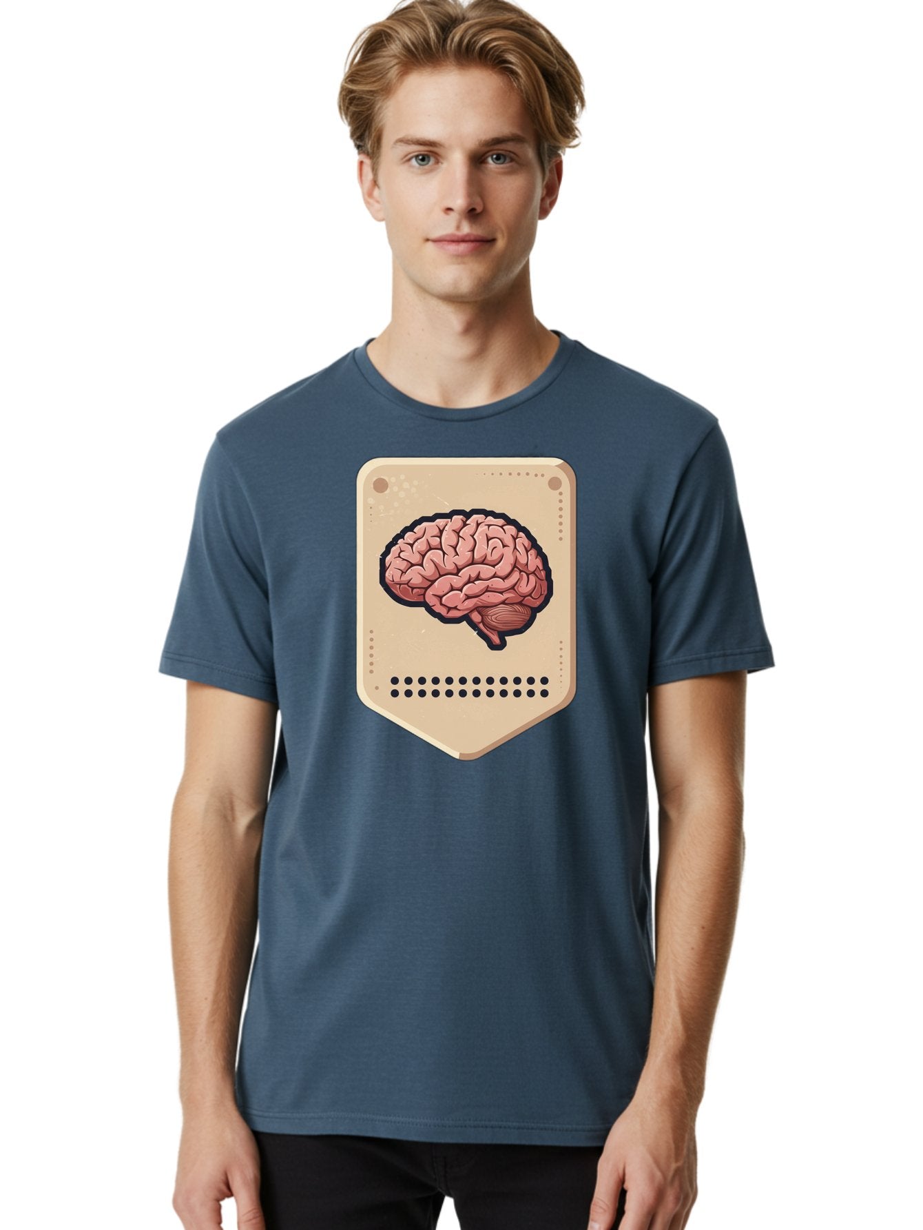 Brain-Icon-1 Men'S Graphic Tee, 100% Cotton, Comfortable Casual Summer Wear, Machine Washable, Human Brain Illustration, Pinkish-Red Brain, Black Outline, Beige Background, Perforated Edge, Small Holes, Brain Anatomy, Cognitive Function, Baa209 18