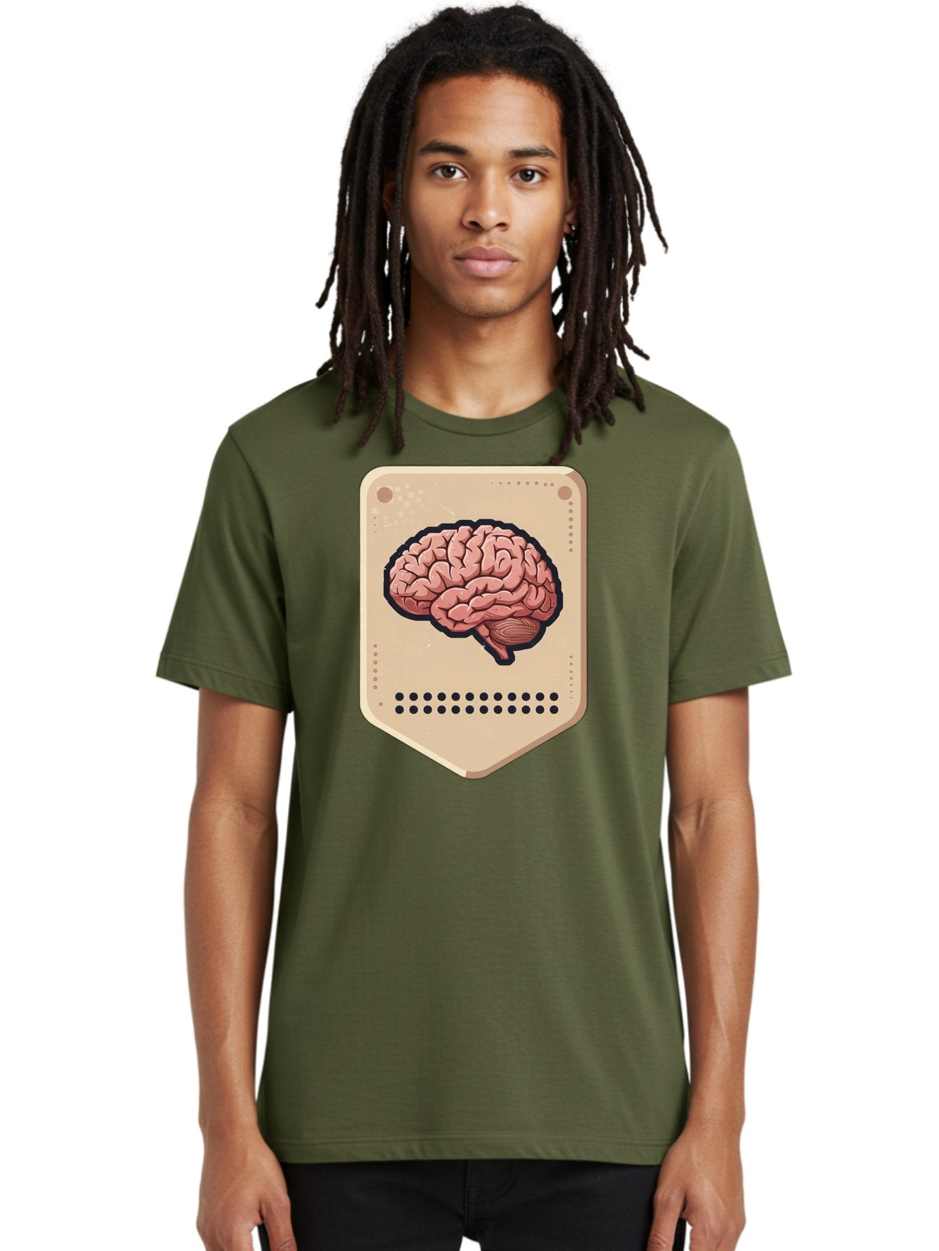 Brain-Icon-1 Men'S Graphic Tee, 100% Cotton, Comfortable Casual Summer Wear, Machine Washable, Human Brain Illustration, Pinkish-Red Brain, Black Outline, Beige Background, Perforated Edge, Small Holes, Brain Anatomy, Cognitive Function, Baa209 21