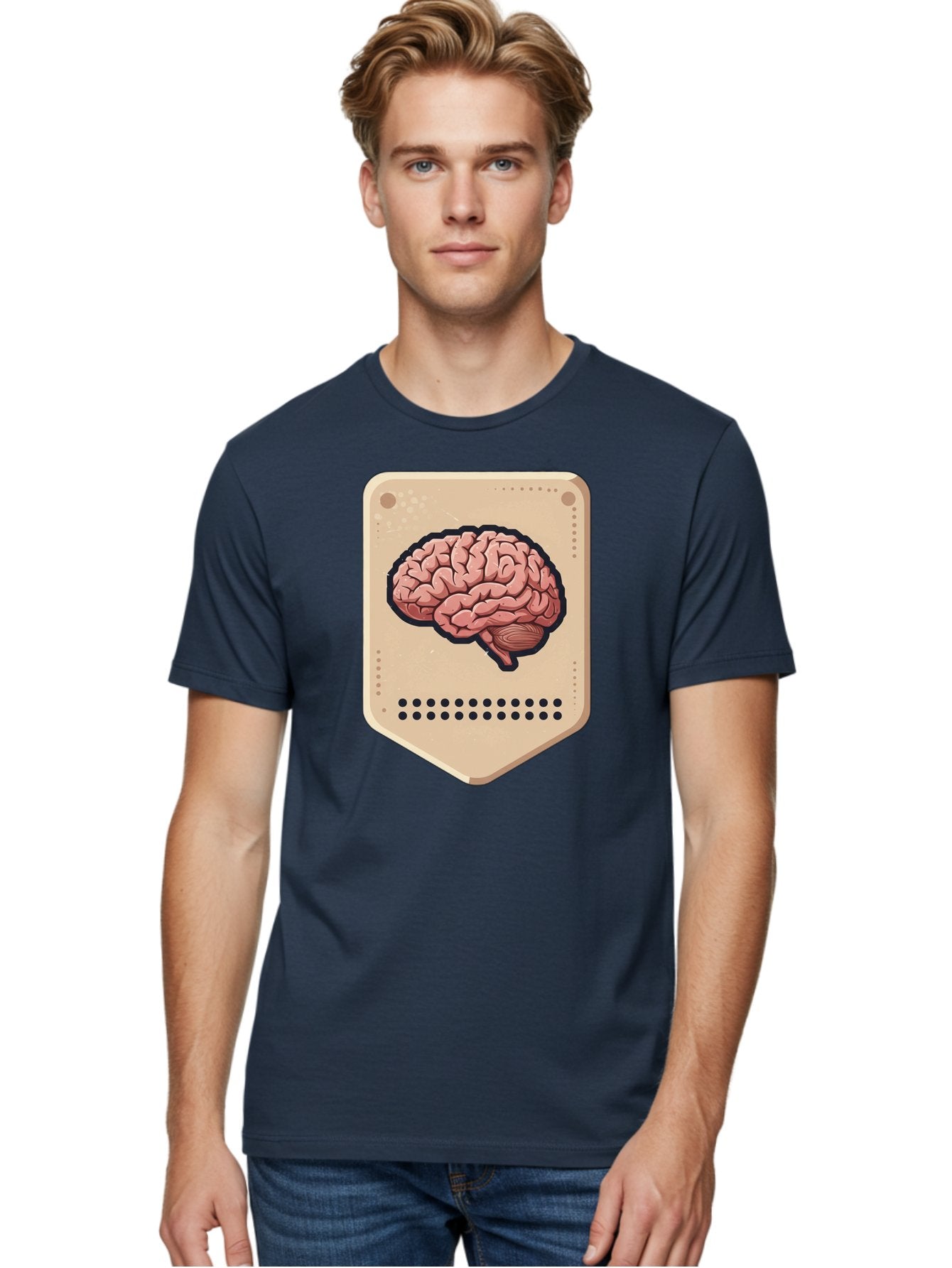 Brain-Icon-1 Men'S Graphic Tee, 100% Cotton, Comfortable Casual Summer Wear, Machine Washable, Human Brain Illustration, Pinkish-Red Brain, Black Outline, Beige Background, Perforated Edge, Small Holes, Brain Anatomy, Cognitive Function, Baa209 20