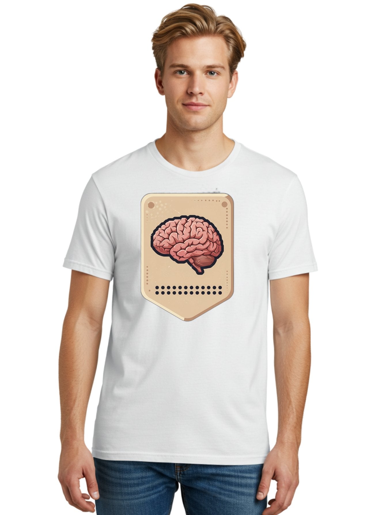 Brain-Icon-1 Men'S Graphic Tee, 100% Cotton, Comfortable Casual Summer Wear, Machine Washable, Human Brain Illustration, Pinkish-Red Brain, Black Outline, Beige Background, Perforated Edge, Small Holes, Brain Anatomy, Cognitive Function, Baa209 25