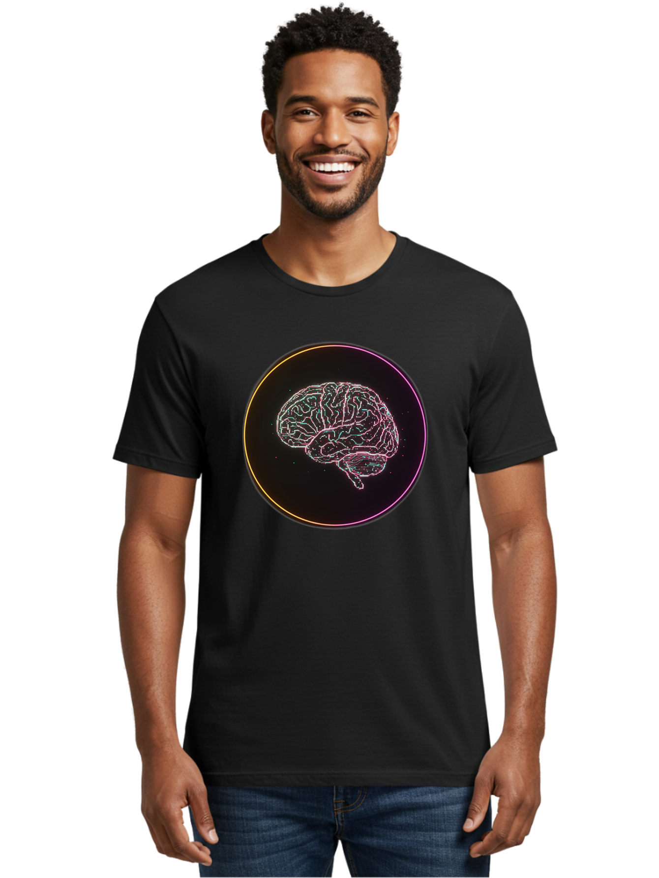 Brain-Illustration Men'S Graphic Tee, 100% Cotton, Comfortable Casual Summer Wear, Machine Washable, Human Brain, Neon Illustration, Futuristic Design, Glowing Lines, Abstract Art, Brain Function, Psychological Concept, Digital Artwork, Baa211 6