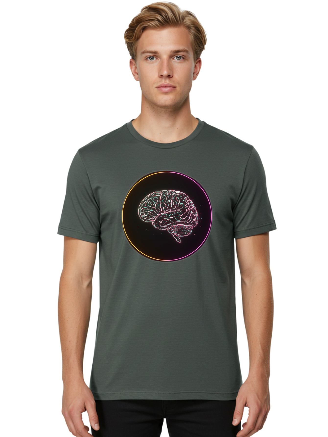 Brain-Illustration Men'S Graphic Tee, 100% Cotton, Comfortable Casual Summer Wear, Machine Washable, Human Brain, Neon Illustration, Futuristic Design, Glowing Lines, Abstract Art, Brain Function, Psychological Concept, Digital Artwork, Baa211 22