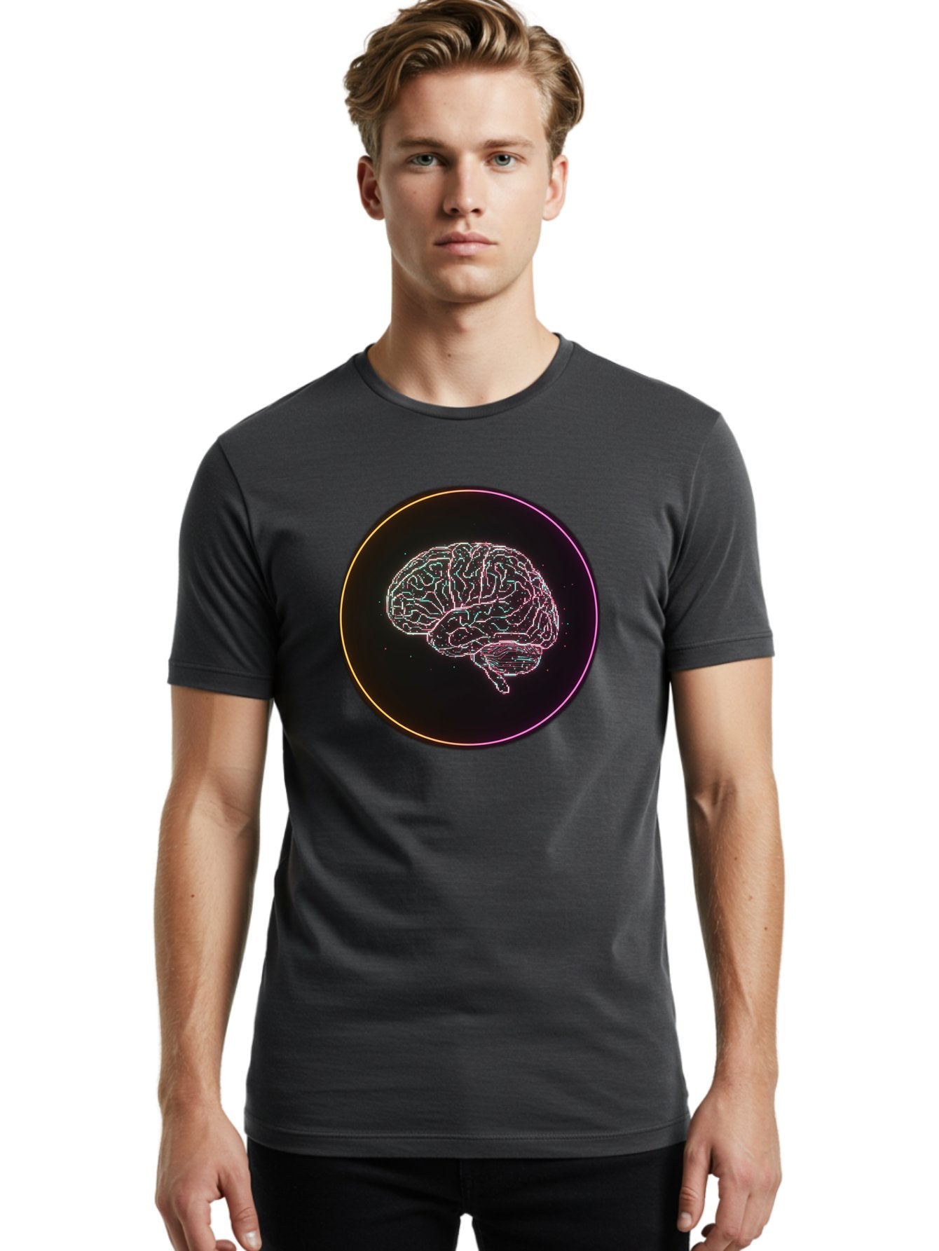 Brain-Illustration Men'S Graphic Tee, 100% Cotton, Comfortable Casual Summer Wear, Machine Washable, Human Brain, Neon Illustration, Futuristic Design, Glowing Lines, Abstract Art, Brain Function, Psychological Concept, Digital Artwork, Baa211 16