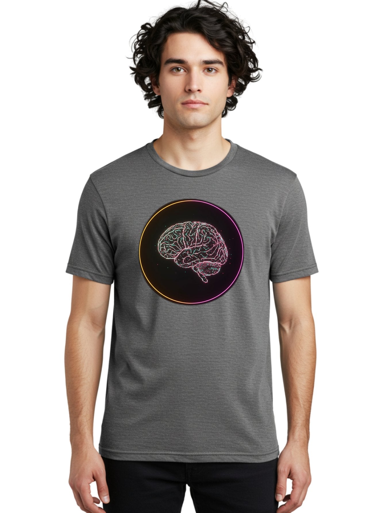 Brain-Illustration Men'S Graphic Tee, 100% Cotton, Comfortable Casual Summer Wear, Machine Washable, Human Brain, Neon Illustration, Futuristic Design, Glowing Lines, Abstract Art, Brain Function, Psychological Concept, Digital Artwork, Baa211 25