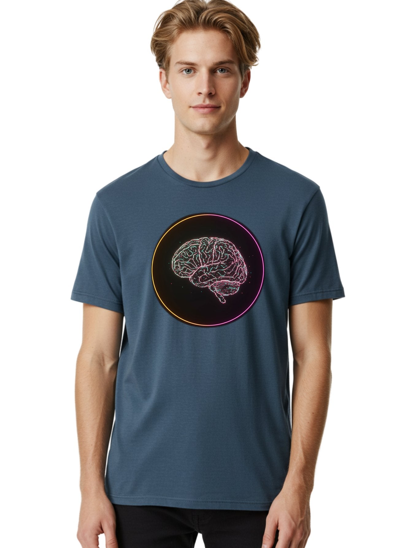 Brain-Illustration Men'S Graphic Tee, 100% Cotton, Comfortable Casual Summer Wear, Machine Washable, Human Brain, Neon Illustration, Futuristic Design, Glowing Lines, Abstract Art, Brain Function, Psychological Concept, Digital Artwork, Baa211 30