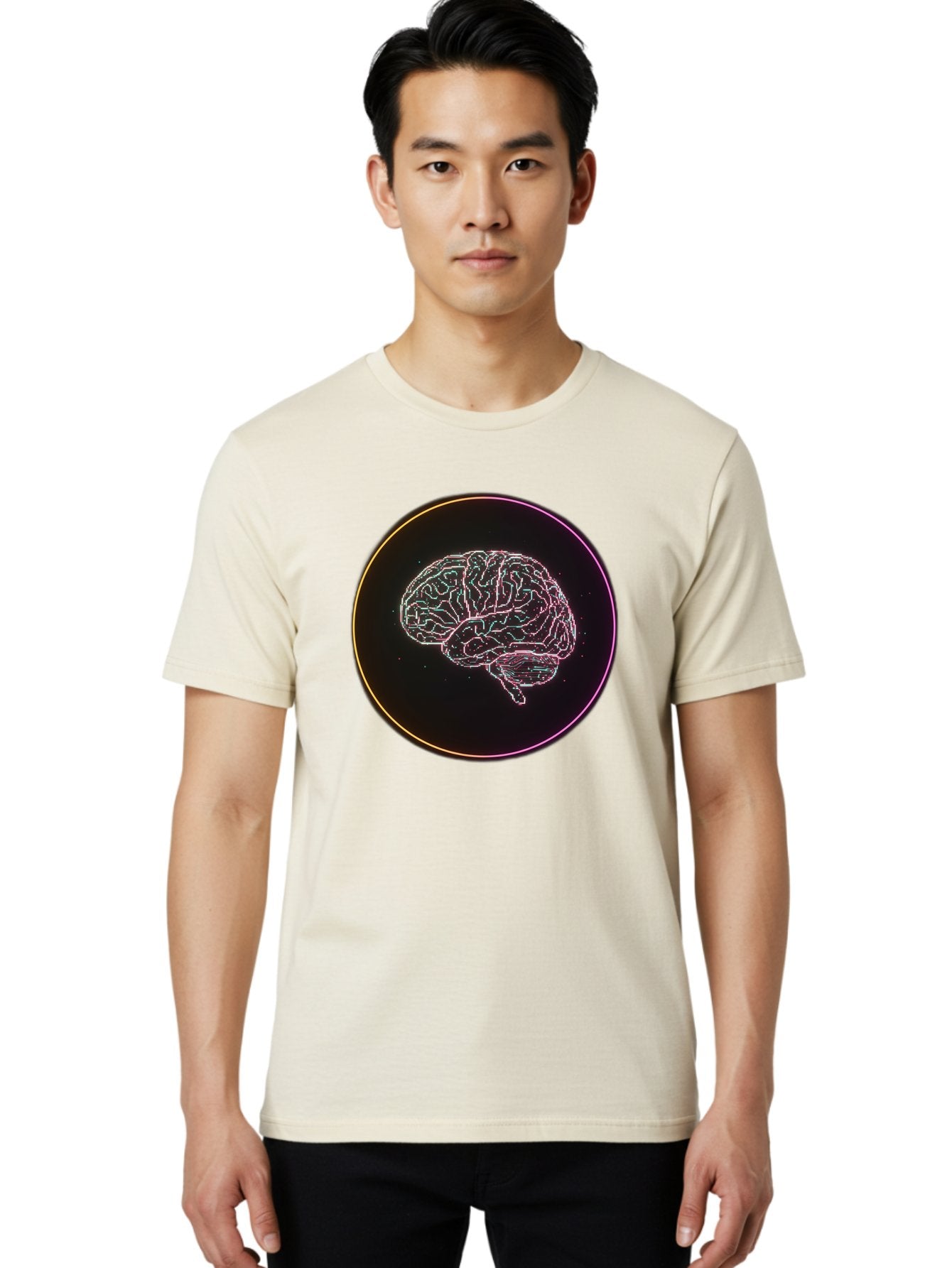 Brain-Illustration Men'S Graphic Tee, 100% Cotton, Comfortable Casual Summer Wear, Machine Washable, Human Brain, Neon Illustration, Futuristic Design, Glowing Lines, Abstract Art, Brain Function, Psychological Concept, Digital Artwork, Baa211 17