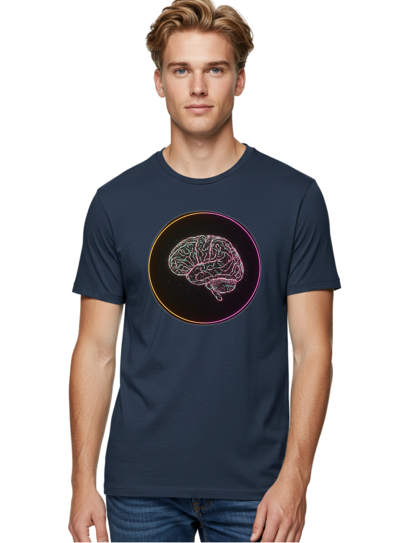 Brain-Illustration Men'S Graphic Tee, 100% Cotton, Comfortable Casual Summer Wear, Machine Washable, Human Brain, Neon Illustration, Futuristic Design, Glowing Lines, Abstract Art, Brain Function, Psychological Concept, Digital Artwork, Baa211 18