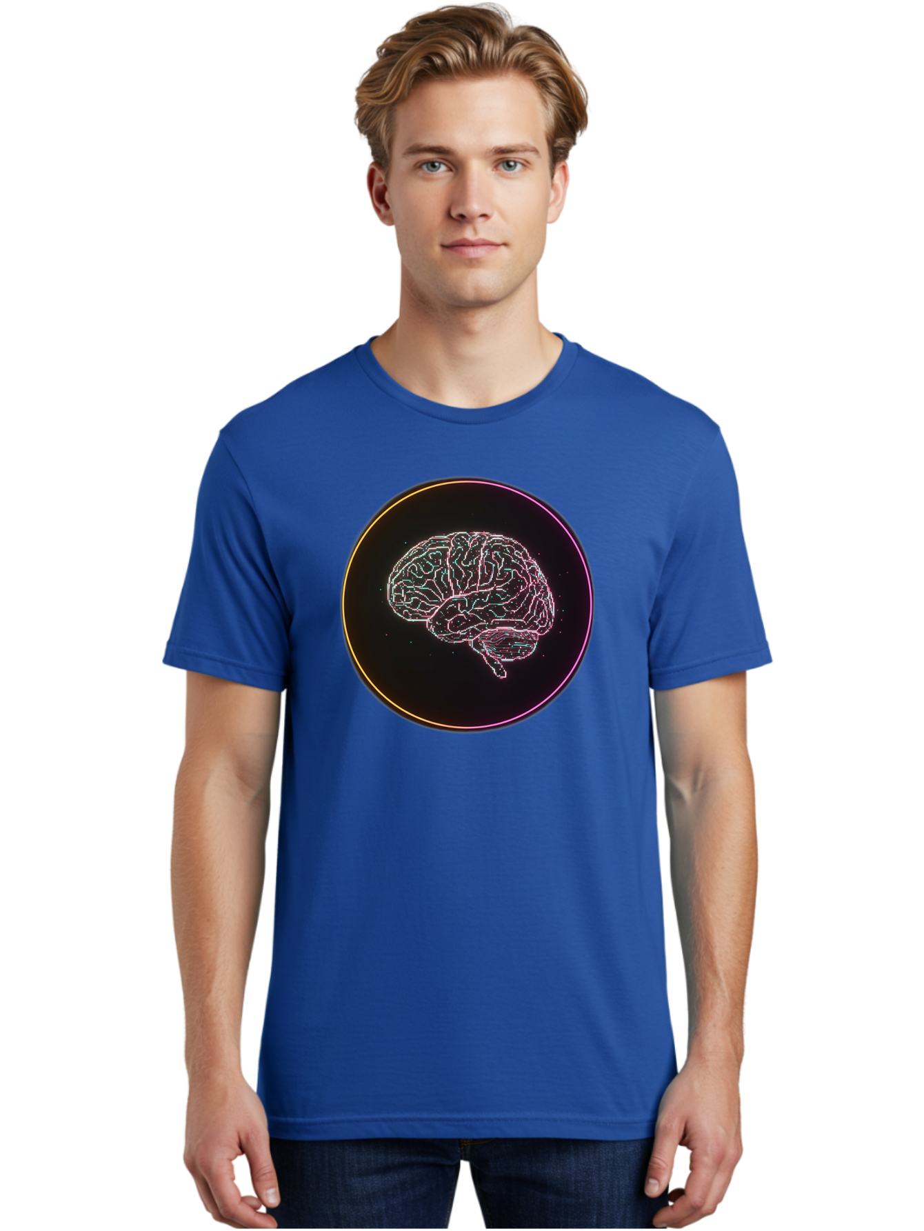 Brain-Illustration Men'S Graphic Tee, 100% Cotton, Comfortable Casual Summer Wear, Machine Washable, Human Brain, Neon Illustration, Futuristic Design, Glowing Lines, Abstract Art, Brain Function, Psychological Concept, Digital Artwork, Baa211 20
