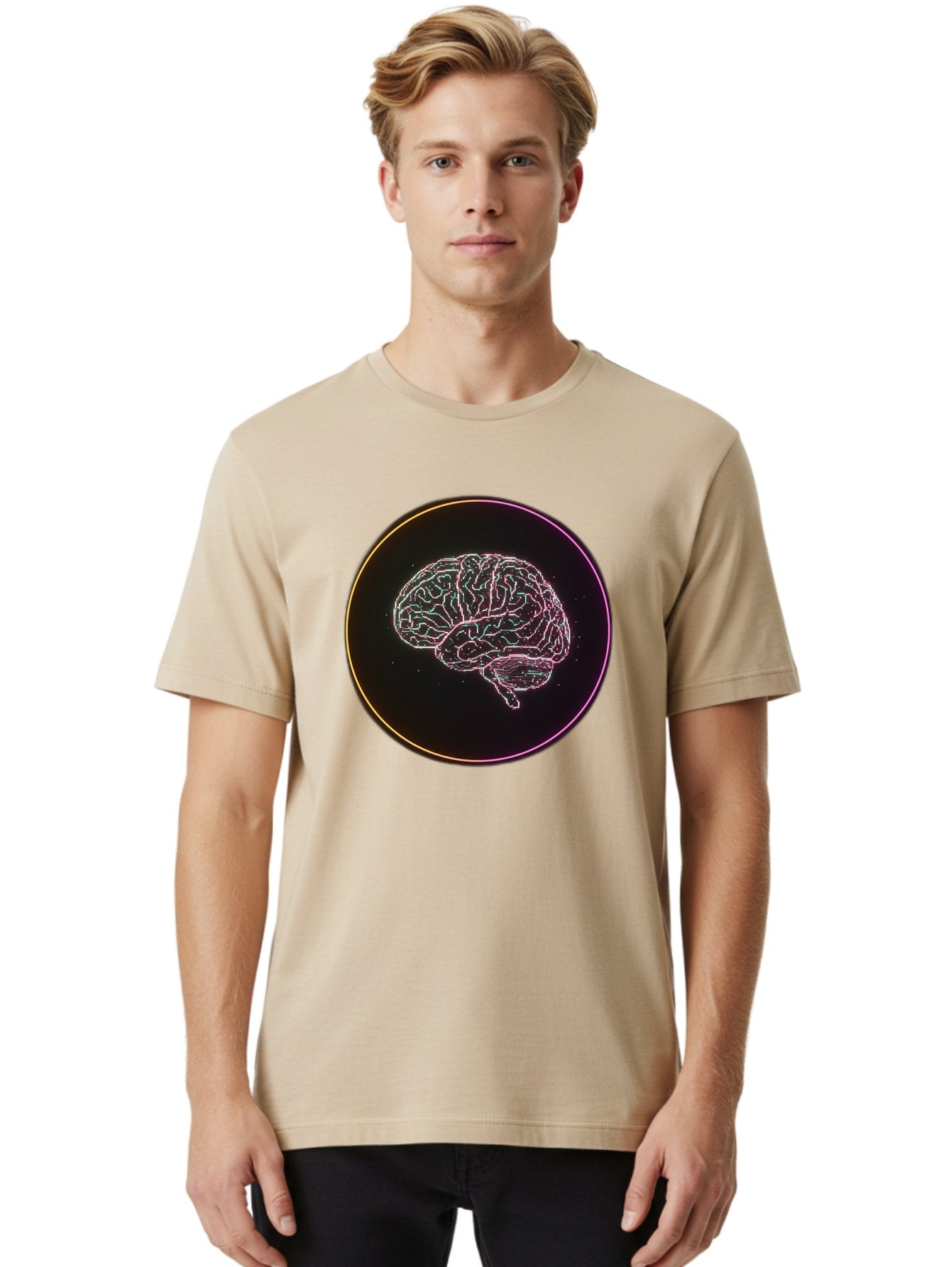 Brain-Illustration Men'S Graphic Tee, 100% Cotton, Comfortable Casual Summer Wear, Machine Washable, Human Brain, Neon Illustration, Futuristic Design, Glowing Lines, Abstract Art, Brain Function, Psychological Concept, Digital Artwork, Baa211 24