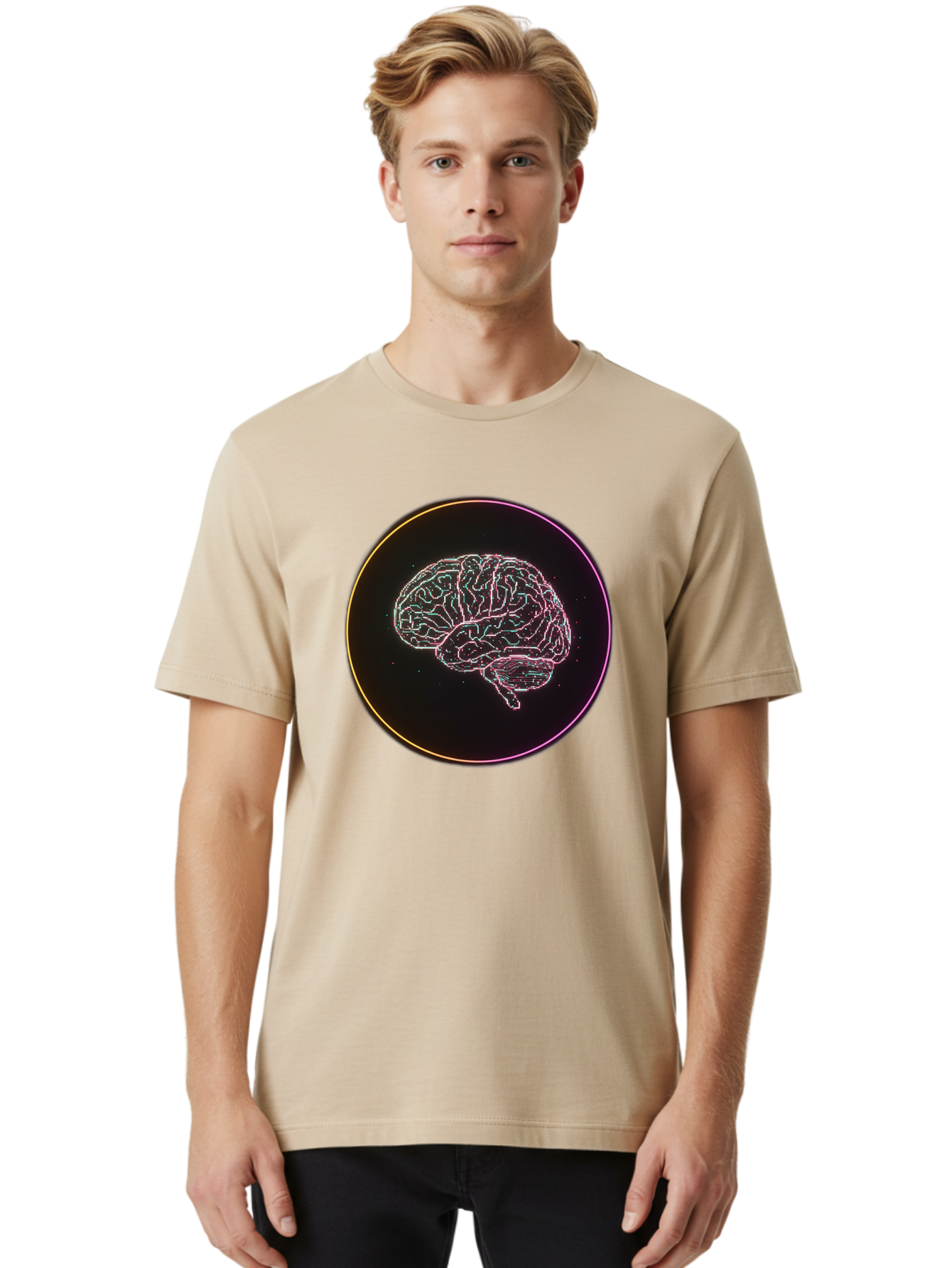 Brain-Illustration Men'S Graphic Tee, 100% Cotton, Comfortable Casual Summer Wear, Machine Washable, Human Brain, Neon Illustration, Futuristic Design, Glowing Lines, Abstract Art, Brain Function, Psychological Concept, Digital Artwork, Baa211 14