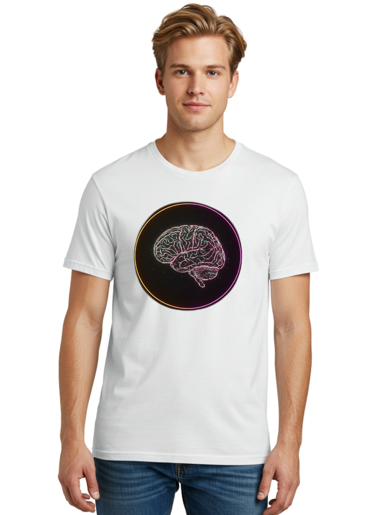 Brain-Illustration Men'S Graphic Tee, 100% Cotton, Comfortable Casual Summer Wear, Machine Washable, Human Brain, Neon Illustration, Futuristic Design, Glowing Lines, Abstract Art, Brain Function, Psychological Concept, Digital Artwork, Baa211 29