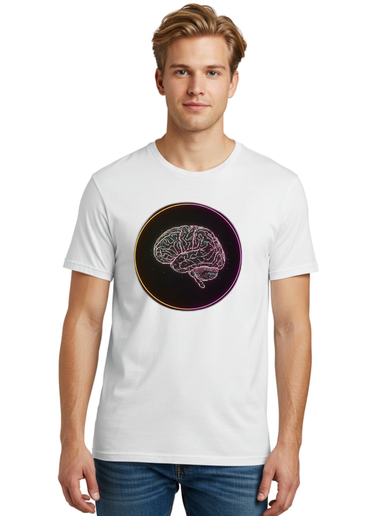 Brain-Illustration Men'S Graphic Tee, 100% Cotton, Comfortable Casual Summer Wear, Machine Washable, Human Brain, Neon Illustration, Futuristic Design, Glowing Lines, Abstract Art, Brain Function, Psychological Concept, Digital Artwork, Baa211 4