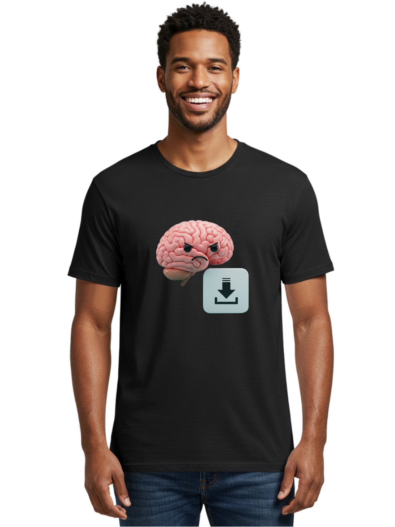 Brain-With-Download-Icon Men'S Graphic Tee, 100% Cotton, Comfortable Casual Summer Wear, Machine Washable, Brain With A Frowning Face, Question Mark, Download Icon, Cognitive Function, Mental Processing, Knowledge Transfer, Digital Brain, Baa213 27