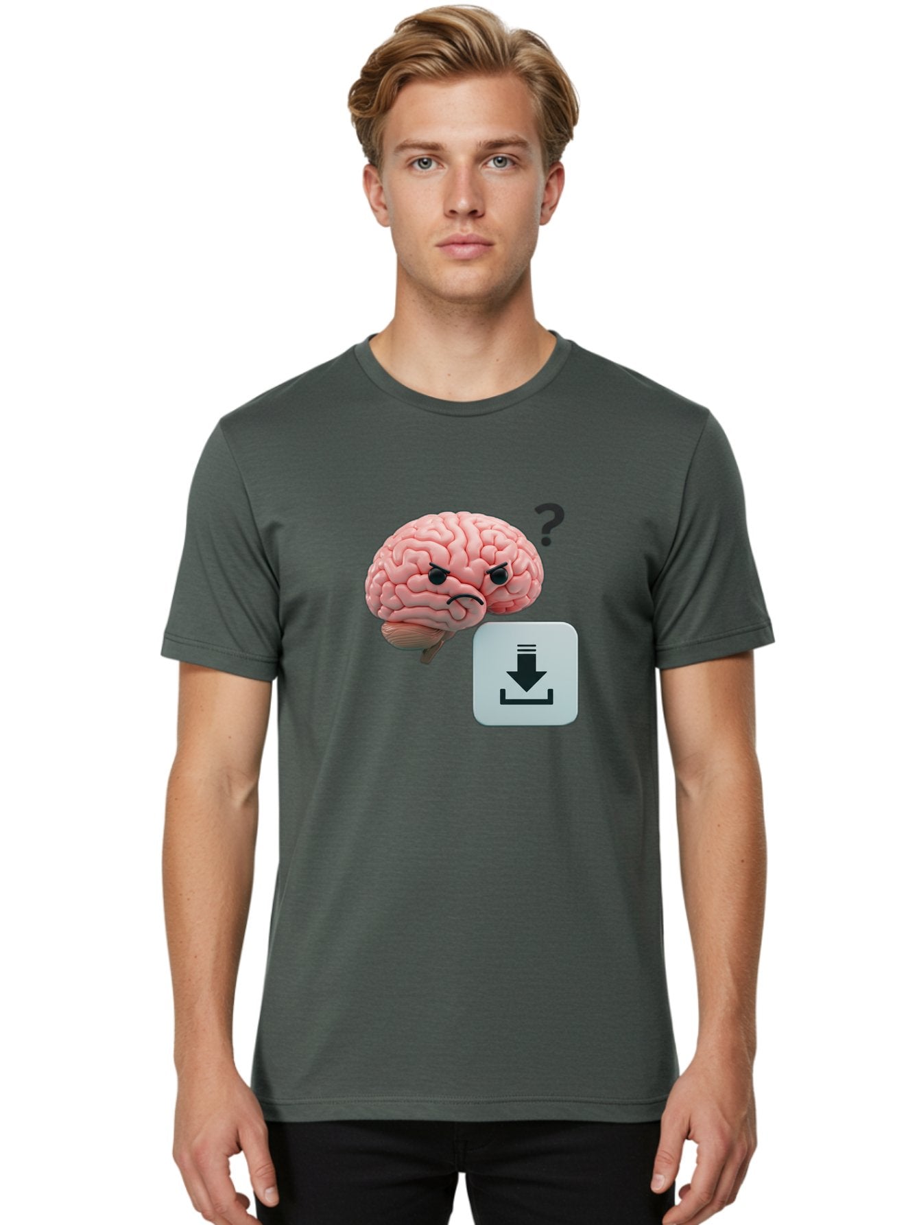 Brain-With-Download-Icon Men'S Graphic Tee, 100% Cotton, Comfortable Casual Summer Wear, Machine Washable, Brain With A Frowning Face, Question Mark, Download Icon, Cognitive Function, Mental Processing, Knowledge Transfer, Digital Brain, Baa213 30