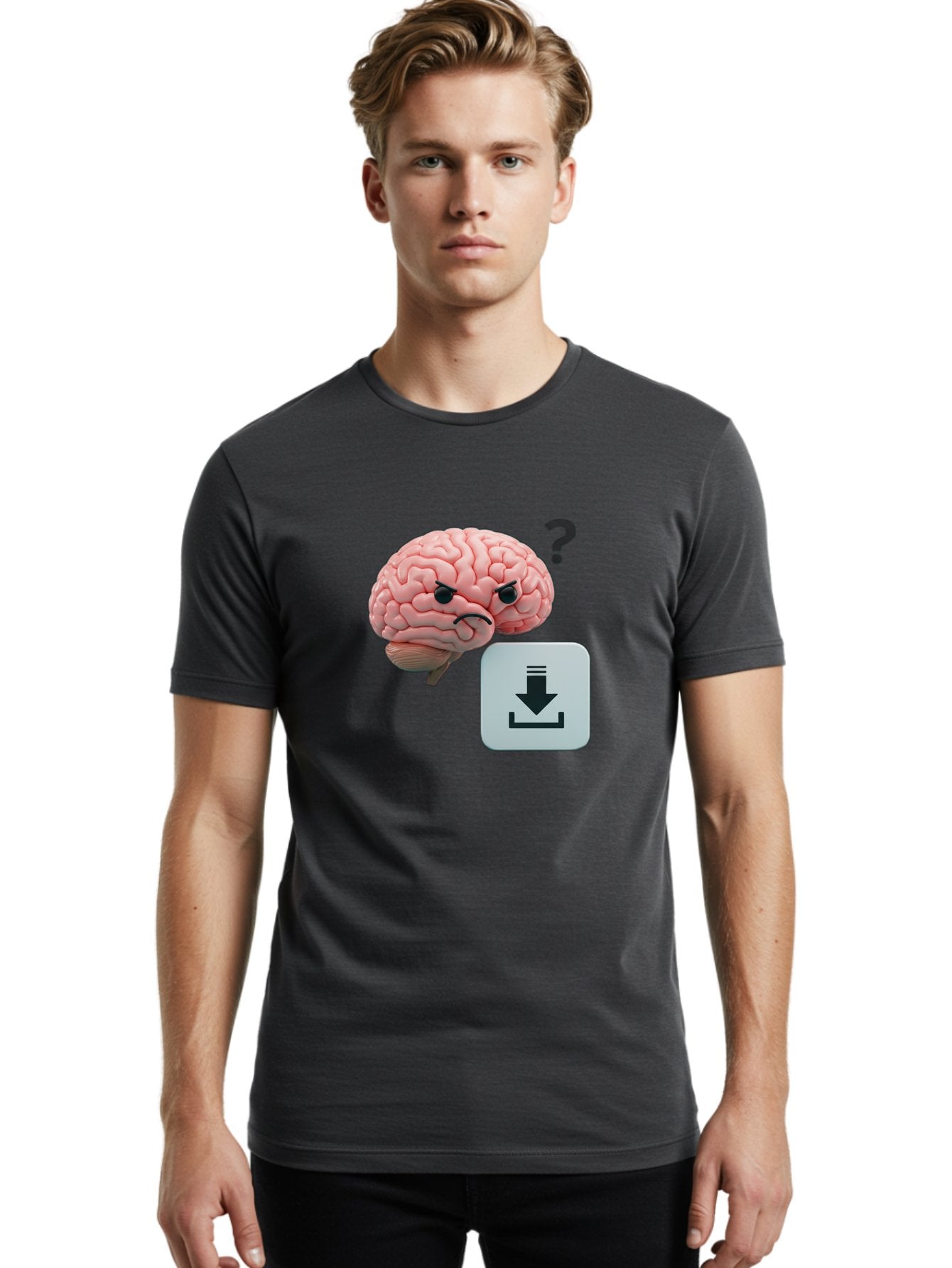 Brain-With-Download-Icon Men'S Graphic Tee, 100% Cotton, Comfortable Casual Summer Wear, Machine Washable, Brain With A Frowning Face, Question Mark, Download Icon, Cognitive Function, Mental Processing, Knowledge Transfer, Digital Brain, Baa213 18