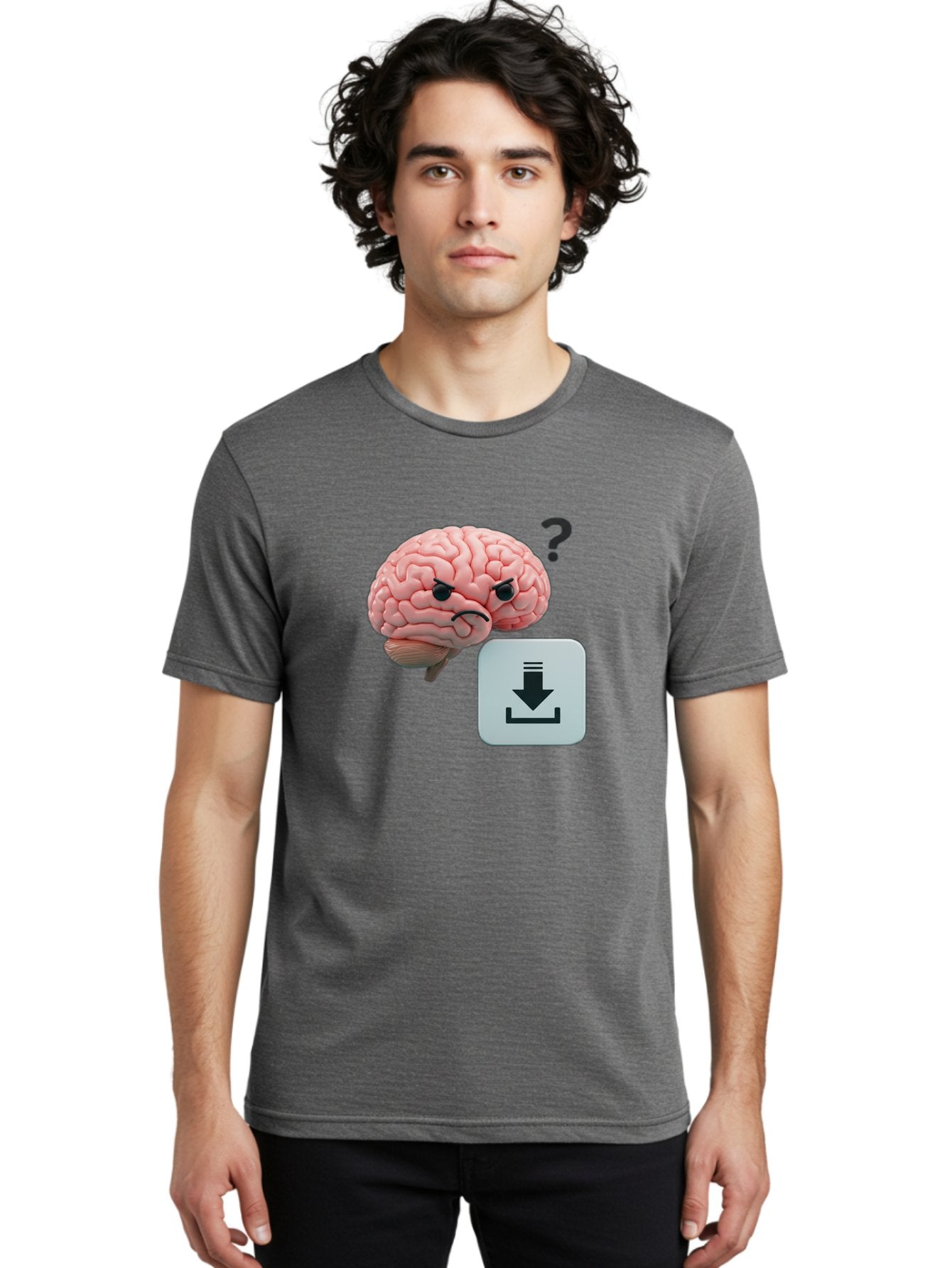 Brain-With-Download-Icon Men'S Graphic Tee, 100% Cotton, Comfortable Casual Summer Wear, Machine Washable, Brain With A Frowning Face, Question Mark, Download Icon, Cognitive Function, Mental Processing, Knowledge Transfer, Digital Brain, Baa213 26