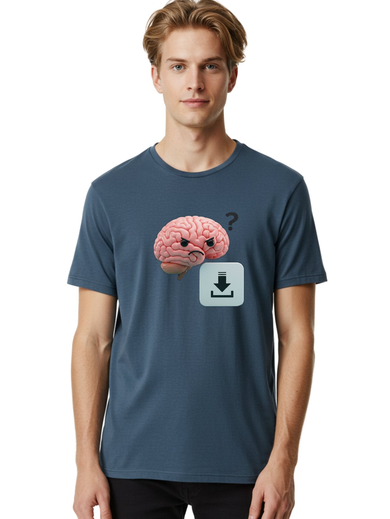 Brain-With-Download-Icon Men'S Graphic Tee, 100% Cotton, Comfortable Casual Summer Wear, Machine Washable, Brain With A Frowning Face, Question Mark, Download Icon, Cognitive Function, Mental Processing, Knowledge Transfer, Digital Brain, Baa213 21