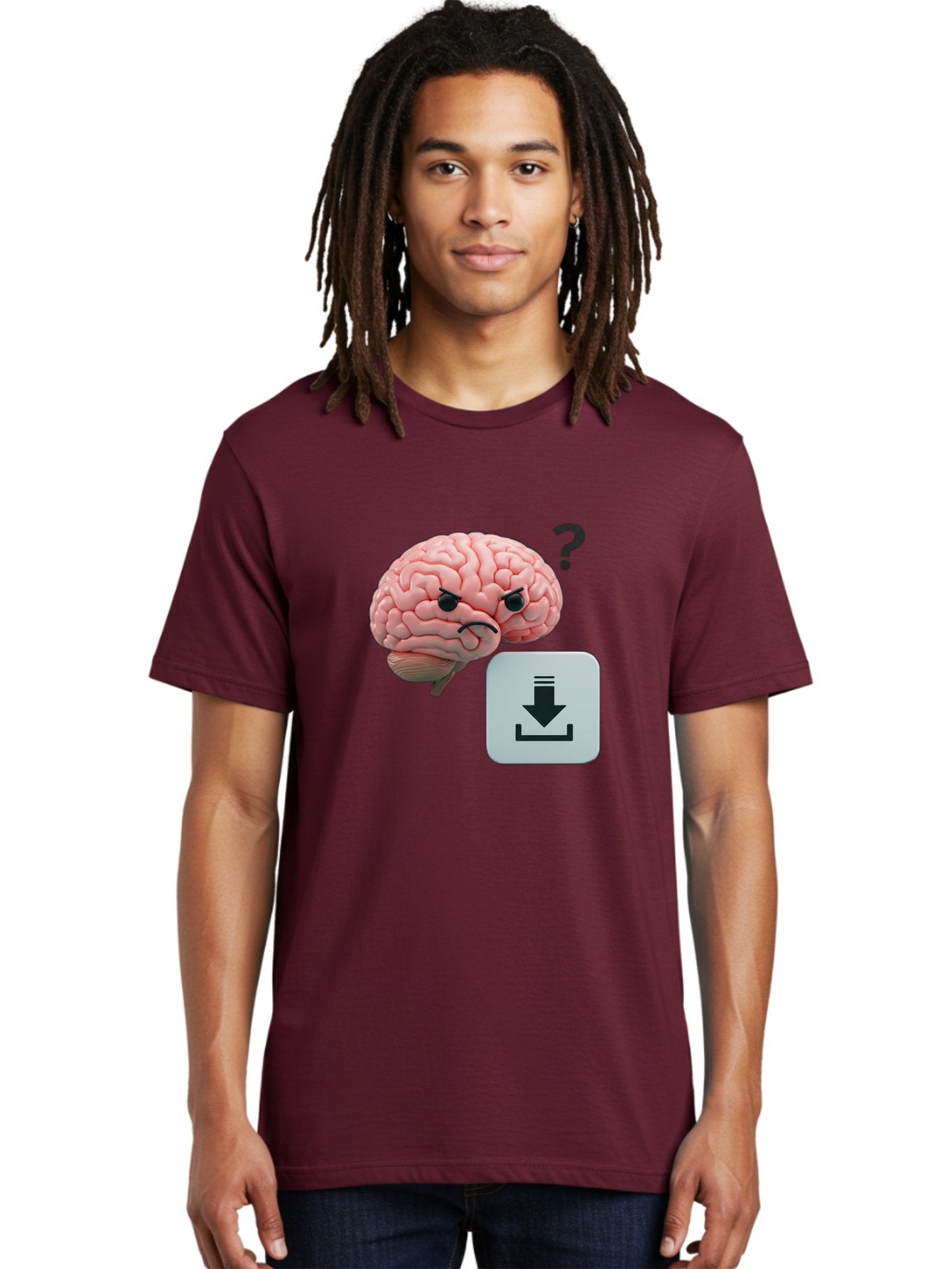 Brain-With-Download-Icon Men'S Graphic Tee, 100% Cotton, Comfortable Casual Summer Wear, Machine Washable, Brain With A Frowning Face, Question Mark, Download Icon, Cognitive Function, Mental Processing, Knowledge Transfer, Digital Brain, Baa213 24