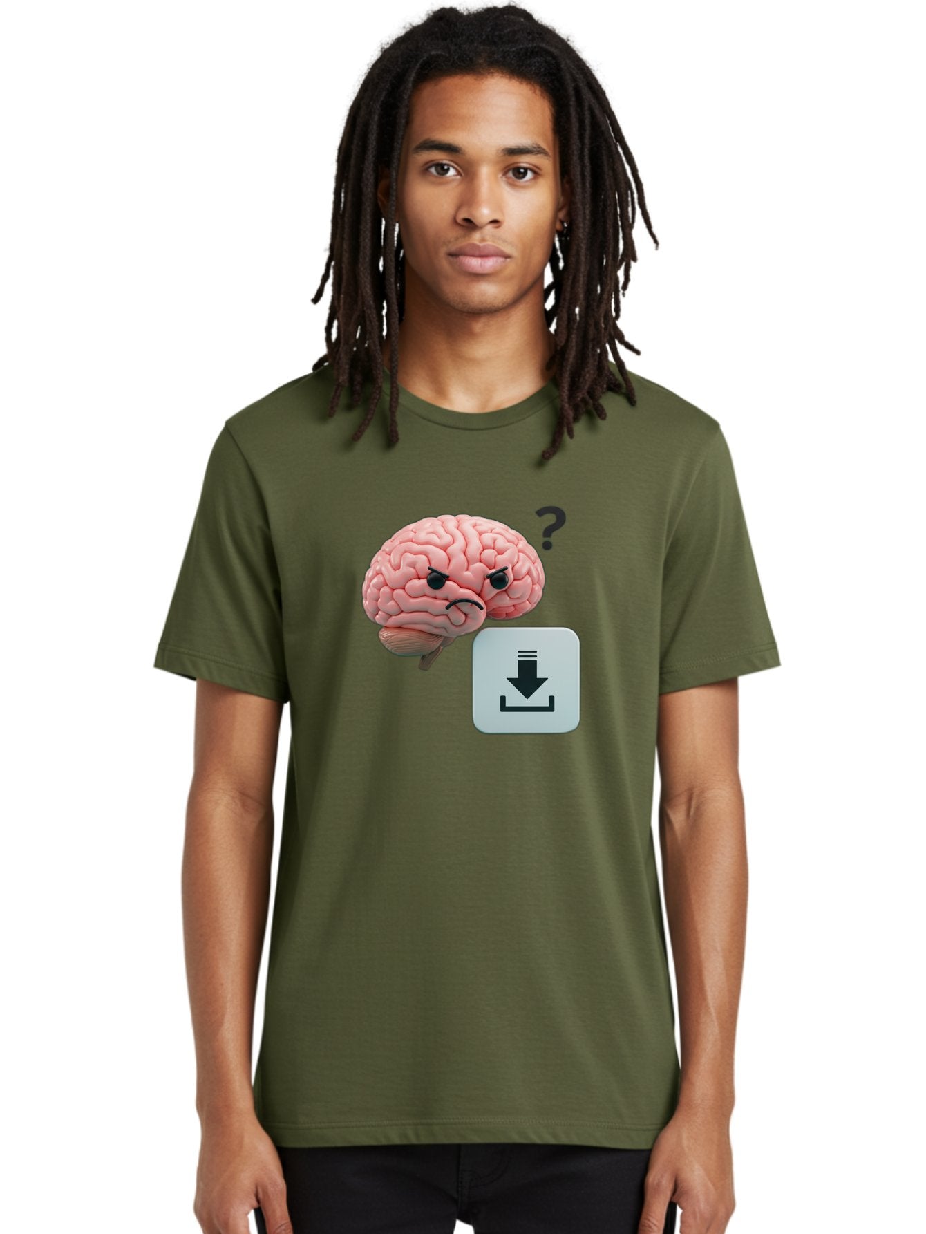 Brain-With-Download-Icon Men'S Graphic Tee, 100% Cotton, Comfortable Casual Summer Wear, Machine Washable, Brain With A Frowning Face, Question Mark, Download Icon, Cognitive Function, Mental Processing, Knowledge Transfer, Digital Brain, Baa213 20