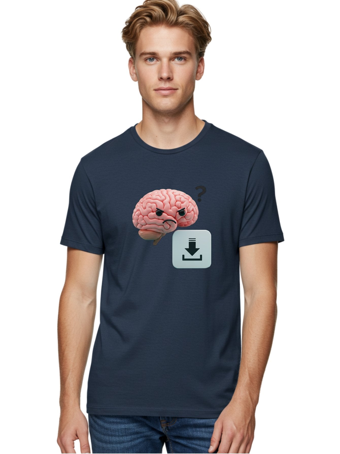 Brain-With-Download-Icon Men'S Graphic Tee, 100% Cotton, Comfortable Casual Summer Wear, Machine Washable, Brain With A Frowning Face, Question Mark, Download Icon, Cognitive Function, Mental Processing, Knowledge Transfer, Digital Brain, Baa213 17