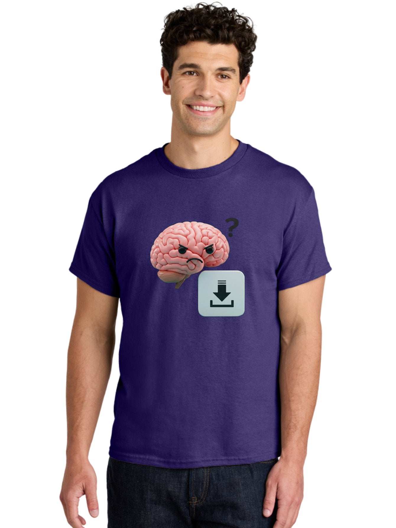 Brain-With-Download-Icon Men'S Graphic Tee, 100% Cotton, Comfortable Casual Summer Wear, Machine Washable, Brain With A Frowning Face, Question Mark, Download Icon, Cognitive Function, Mental Processing, Knowledge Transfer, Digital Brain, Baa213 19