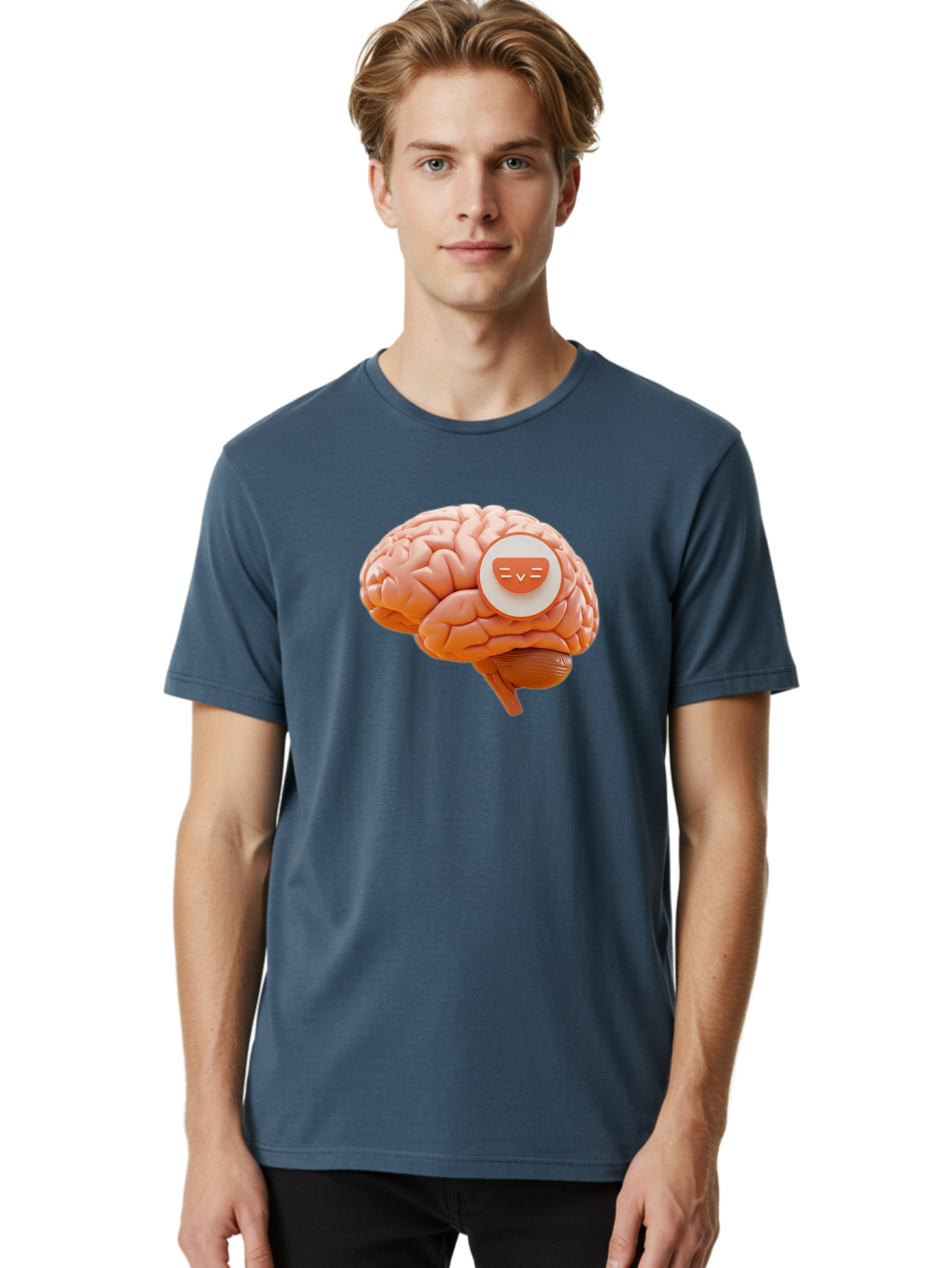 Brain-With-Emoji Men'S Graphic Tee, 100% Cotton, Comfortable Casual Summer Wear, Machine Washable, Human Brain, Smiley Face, Emoticon, Facial Expression, Happiness, 3D Rendering, Digital Art, Creative Design, Brain Illustration, Cute Character Baa214 24