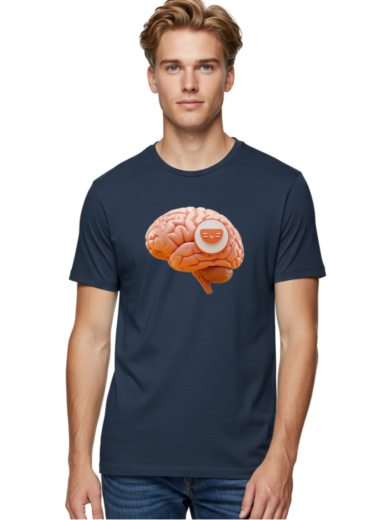Brain-With-Emoji Men'S Graphic Tee, 100% Cotton, Comfortable Casual Summer Wear, Machine Washable, Human Brain, Smiley Face, Emoticon, Facial Expression, Happiness, 3D Rendering, Digital Art, Creative Design, Brain Illustration, Cute Character Baa214 8