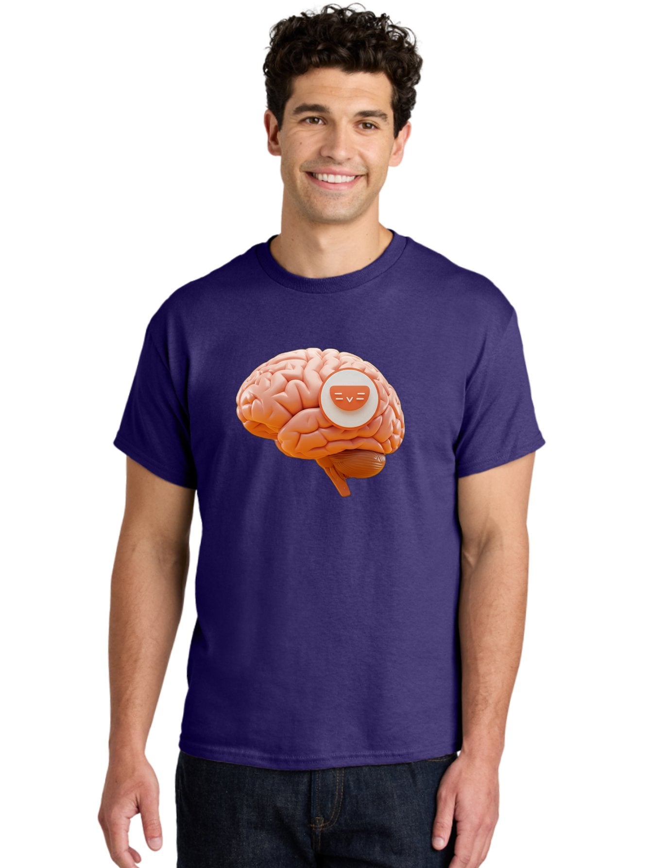 Brain-With-Emoji Men'S Graphic Tee, 100% Cotton, Comfortable Casual Summer Wear, Machine Washable, Human Brain, Smiley Face, Emoticon, Facial Expression, Happiness, 3D Rendering, Digital Art, Creative Design, Brain Illustration, Cute Character Baa214 16