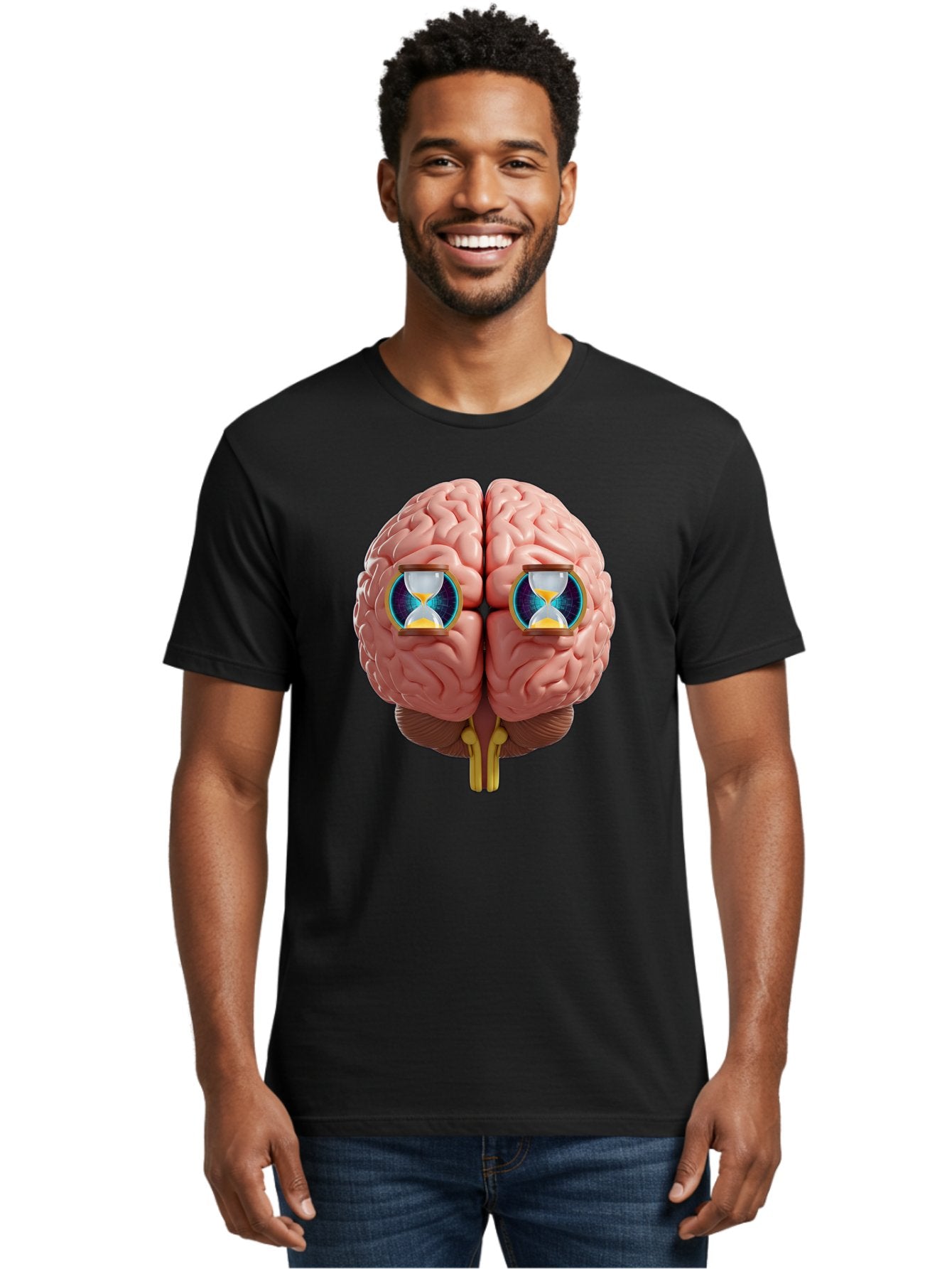 Brain-With-Hourglasses Men'S Graphic Tee, 100% Cotton, Comfortable Casual Summer Wear, Machine Washable, Human Brain Illustration, Hourglasses In Brain, Time Passing, Cognitive Function, Mental Processing, Brain Activity, Neuroscience Concept, Baa216 25