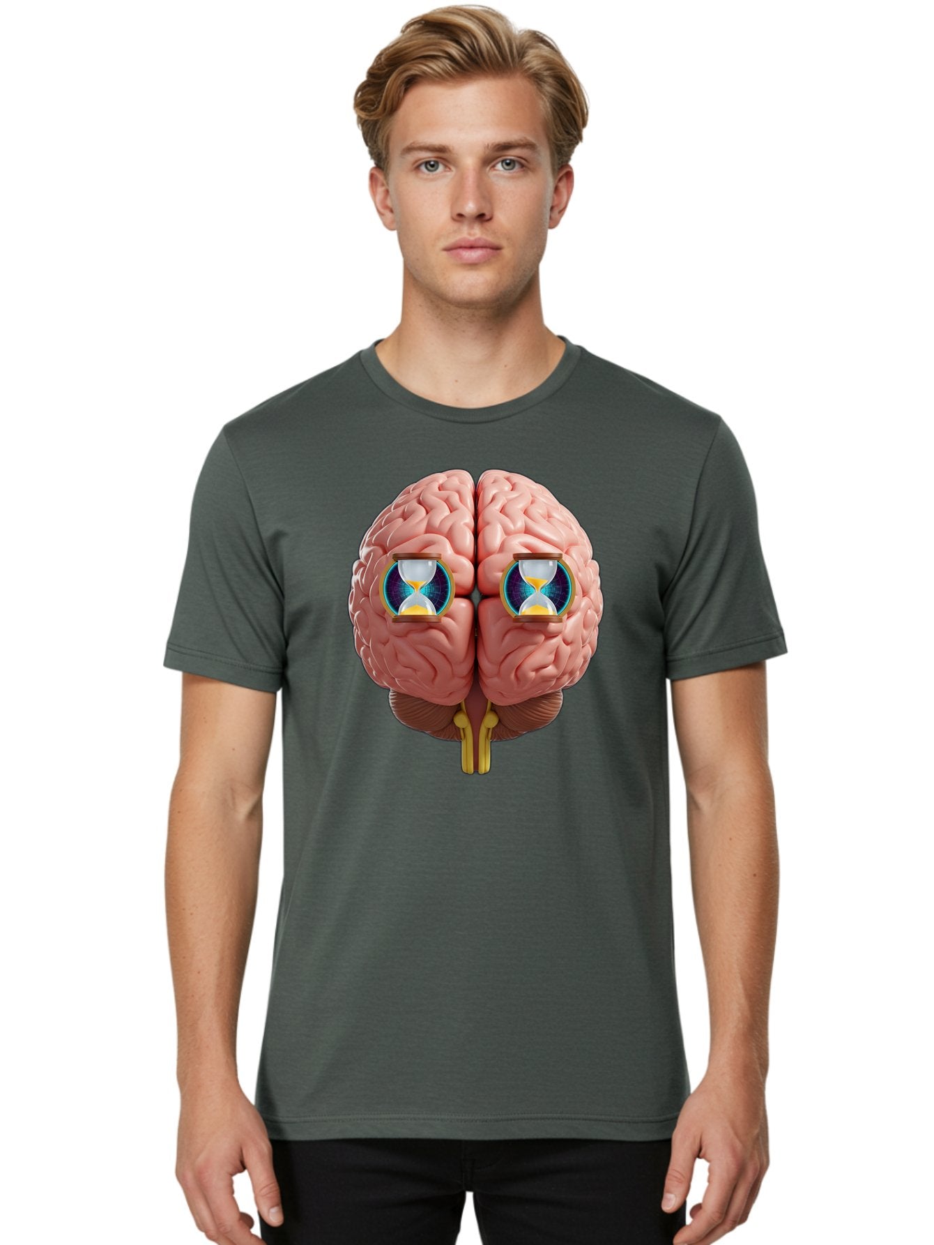 Brain-With-Hourglasses Men'S Graphic Tee, 100% Cotton, Comfortable Casual Summer Wear, Machine Washable, Human Brain Illustration, Hourglasses In Brain, Time Passing, Cognitive Function, Mental Processing, Brain Activity, Neuroscience Concept, Baa216 17