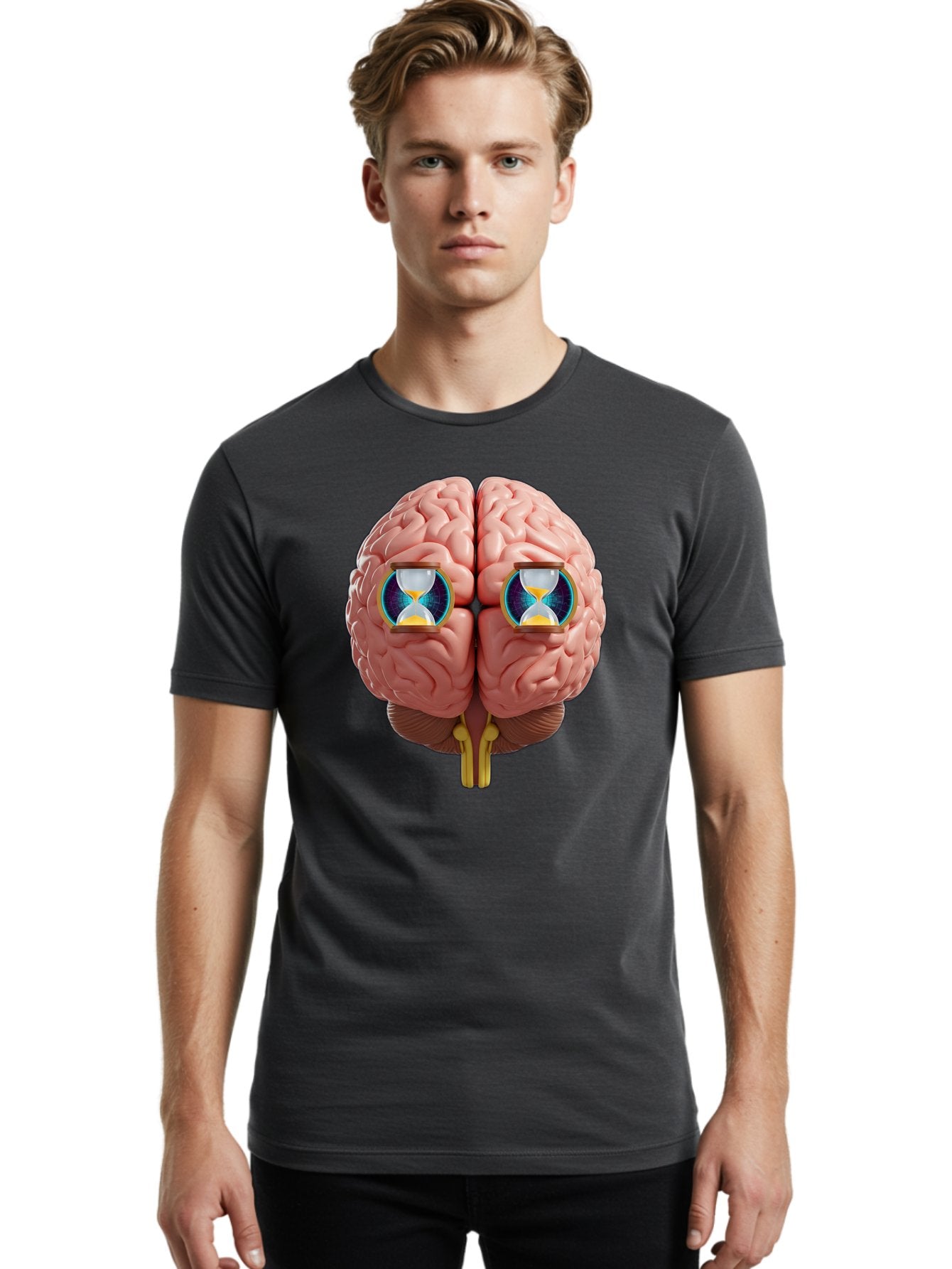 Brain-With-Hourglasses Men'S Graphic Tee, 100% Cotton, Comfortable Casual Summer Wear, Machine Washable, Human Brain Illustration, Hourglasses In Brain, Time Passing, Cognitive Function, Mental Processing, Brain Activity, Neuroscience Concept, Baa216 19
