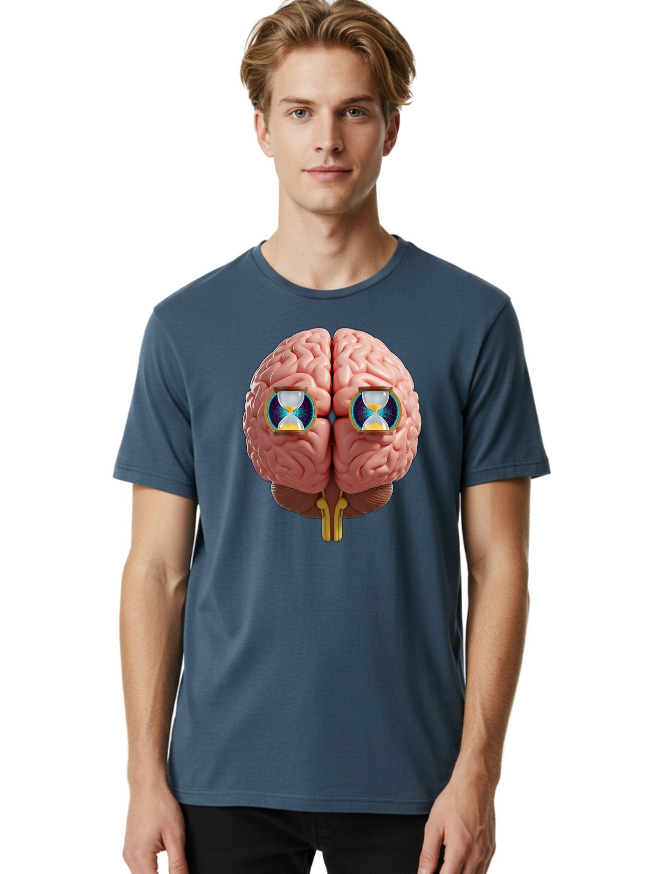 Brain-With-Hourglasses Men'S Graphic Tee, 100% Cotton, Comfortable Casual Summer Wear, Machine Washable, Human Brain Illustration, Hourglasses In Brain, Time Passing, Cognitive Function, Mental Processing, Brain Activity, Neuroscience Concept, Baa216 28