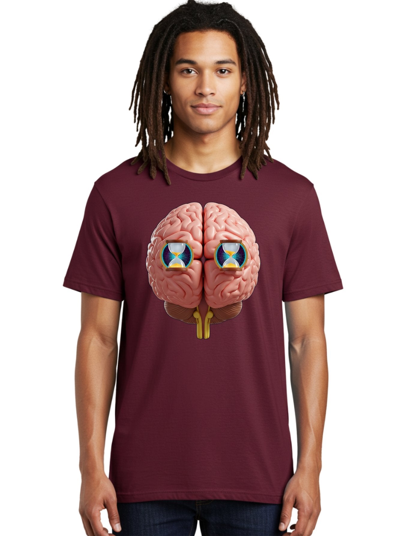 Brain-With-Hourglasses Men'S Graphic Tee, 100% Cotton, Comfortable Casual Summer Wear, Machine Washable, Human Brain Illustration, Hourglasses In Brain, Time Passing, Cognitive Function, Mental Processing, Brain Activity, Neuroscience Concept, Baa216 21