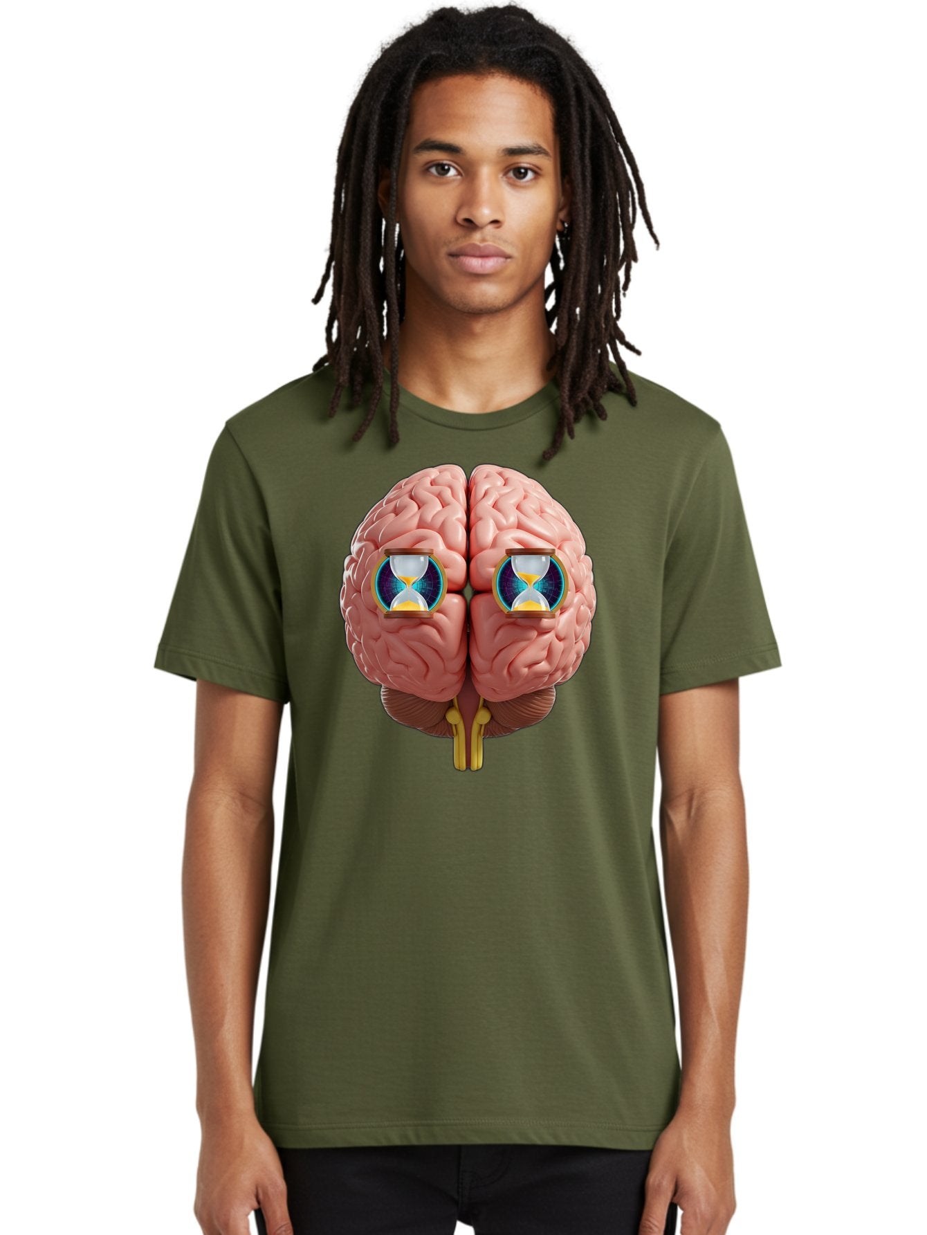 Brain-With-Hourglasses Men'S Graphic Tee, 100% Cotton, Comfortable Casual Summer Wear, Machine Washable, Human Brain Illustration, Hourglasses In Brain, Time Passing, Cognitive Function, Mental Processing, Brain Activity, Neuroscience Concept, Baa216 16