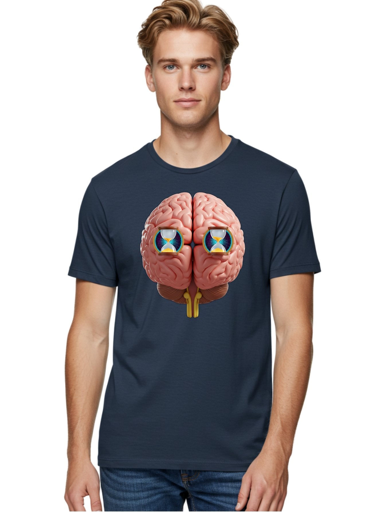 Brain-With-Hourglasses Men'S Graphic Tee, 100% Cotton, Comfortable Casual Summer Wear, Machine Washable, Human Brain Illustration, Hourglasses In Brain, Time Passing, Cognitive Function, Mental Processing, Brain Activity, Neuroscience Concept, Baa216 26