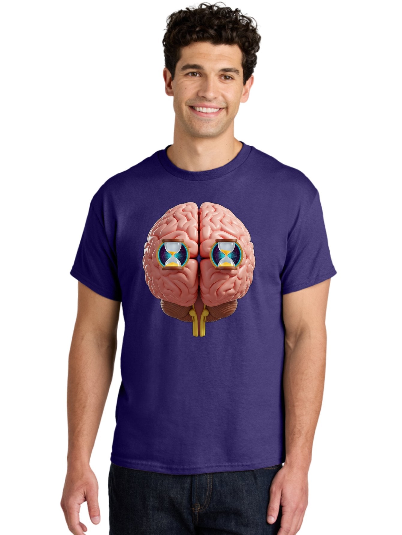 Brain-With-Hourglasses Men'S Graphic Tee, 100% Cotton, Comfortable Casual Summer Wear, Machine Washable, Human Brain Illustration, Hourglasses In Brain, Time Passing, Cognitive Function, Mental Processing, Brain Activity, Neuroscience Concept, Baa216 22