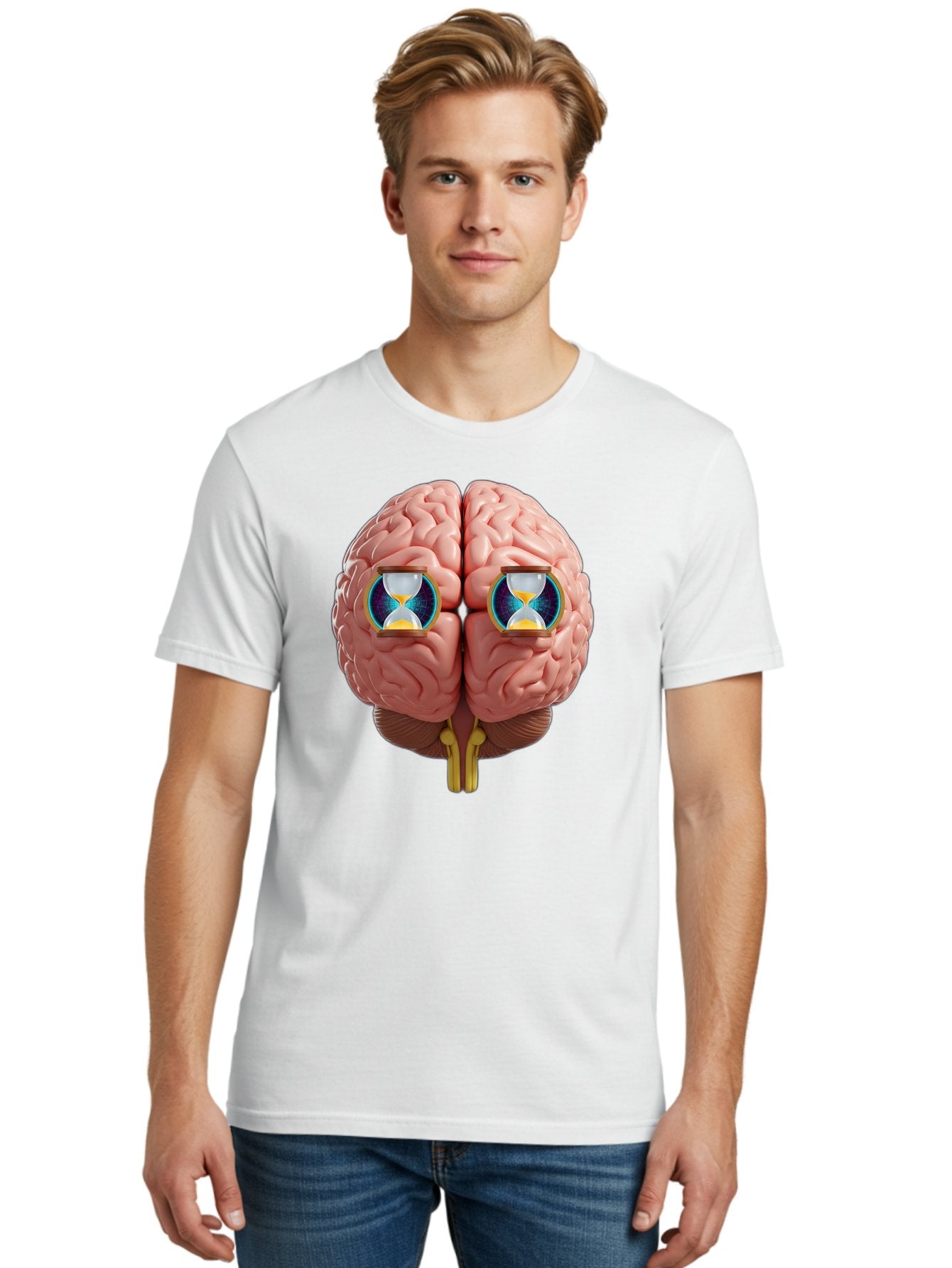 Brain-With-Hourglasses Men'S Graphic Tee, 100% Cotton, Comfortable Casual Summer Wear, Machine Washable, Human Brain Illustration, Hourglasses In Brain, Time Passing, Cognitive Function, Mental Processing, Brain Activity, Neuroscience Concept, Baa216 20
