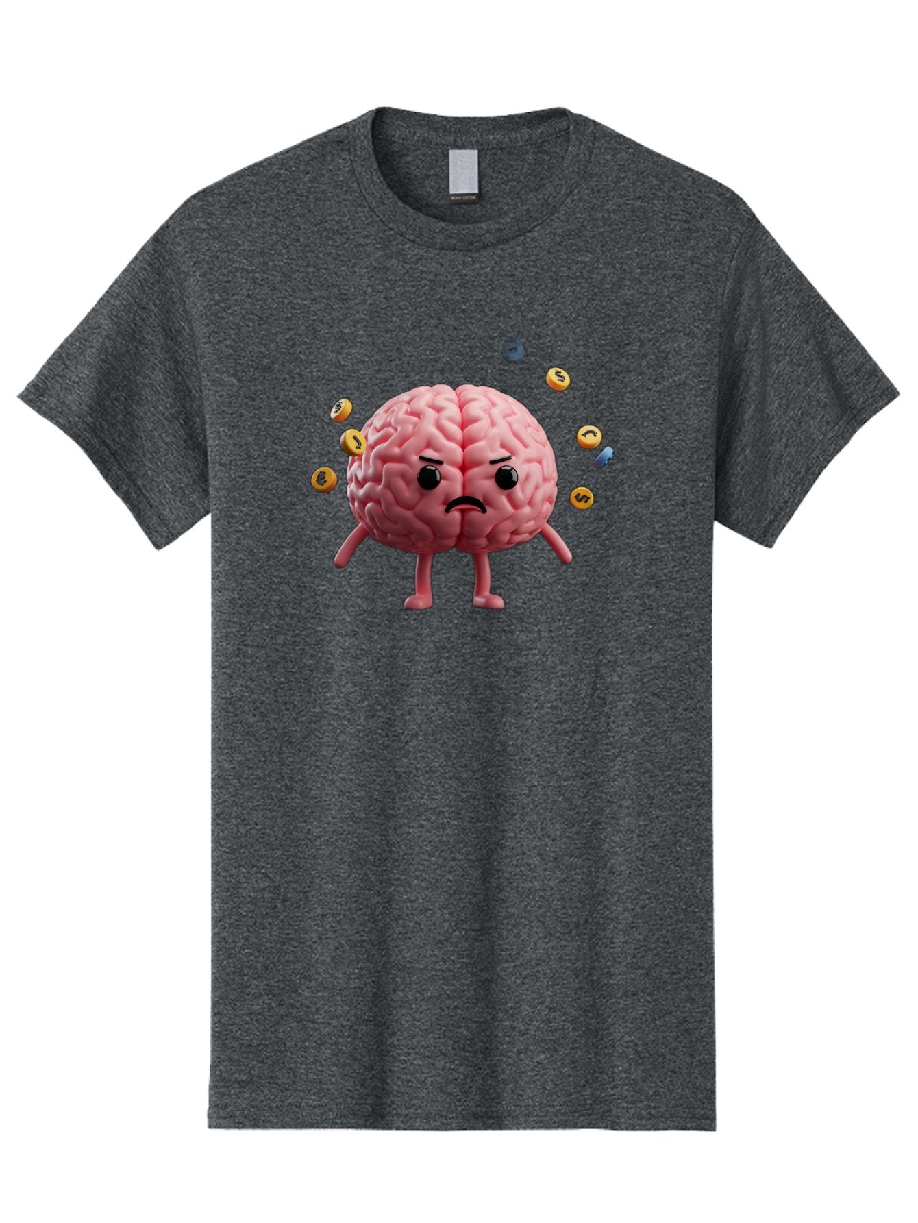 Brain-With-Legs-And-Arms Men'S Graphic Tee, 100% Cotton, Comfortable Casual Summer Wear, Machine Washable, Cartoon Brain, Angry Face, Frowning, Confused Expression, Scattered Pills, Medication, Health Issue, Cognitive Function, Baa217 11