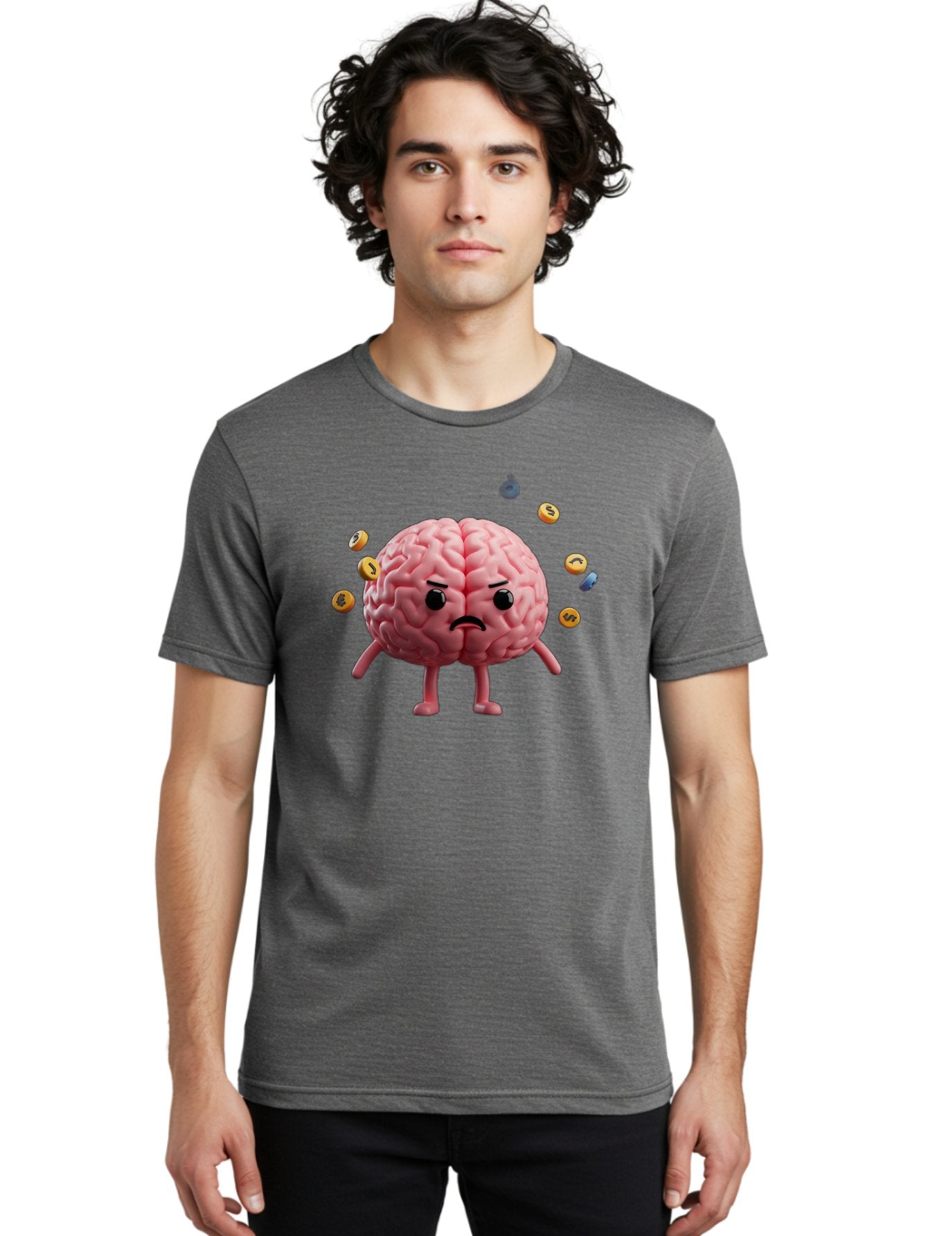 Brain-With-Legs-And-Arms Men'S Graphic Tee, 100% Cotton, Comfortable Casual Summer Wear, Machine Washable, Cartoon Brain, Angry Face, Frowning, Confused Expression, Scattered Pills, Medication, Health Issue, Cognitive Function, Baa217 30