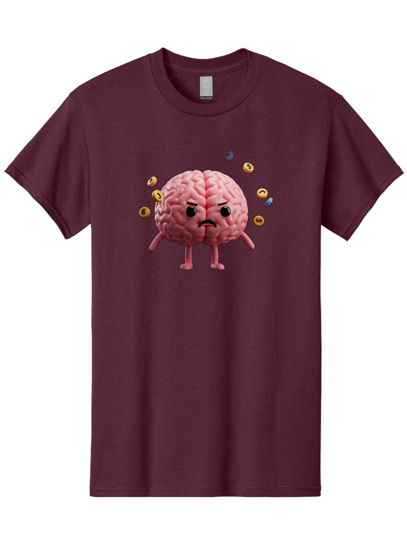 Brain-With-Legs-And-Arms Men'S Graphic Tee, 100% Cotton, Comfortable Casual Summer Wear, Machine Washable, Cartoon Brain, Angry Face, Frowning, Confused Expression, Scattered Pills, Medication, Health Issue, Cognitive Function, Baa217 13
