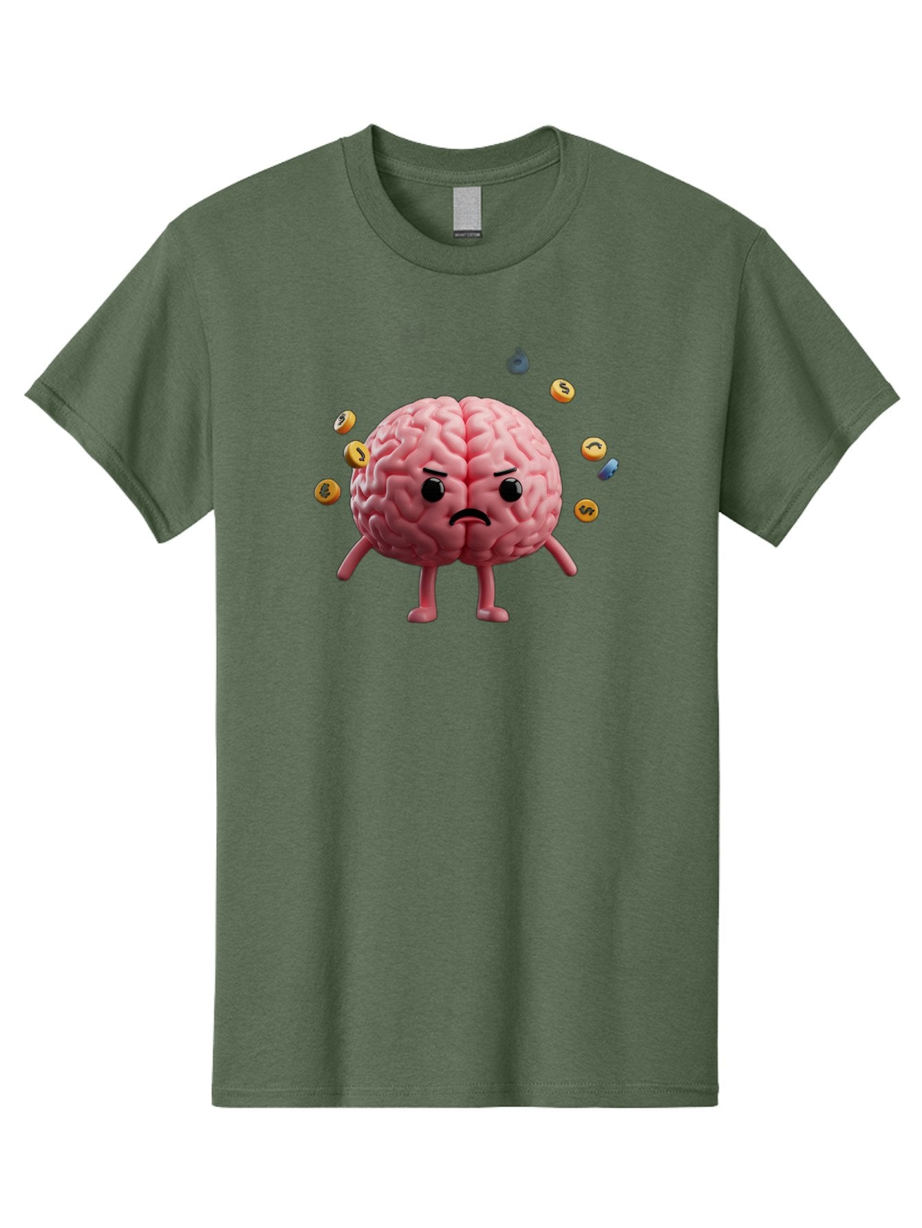 Brain-With-Legs-And-Arms Men'S Graphic Tee, 100% Cotton, Comfortable Casual Summer Wear, Machine Washable, Cartoon Brain, Angry Face, Frowning, Confused Expression, Scattered Pills, Medication, Health Issue, Cognitive Function, Baa217 7