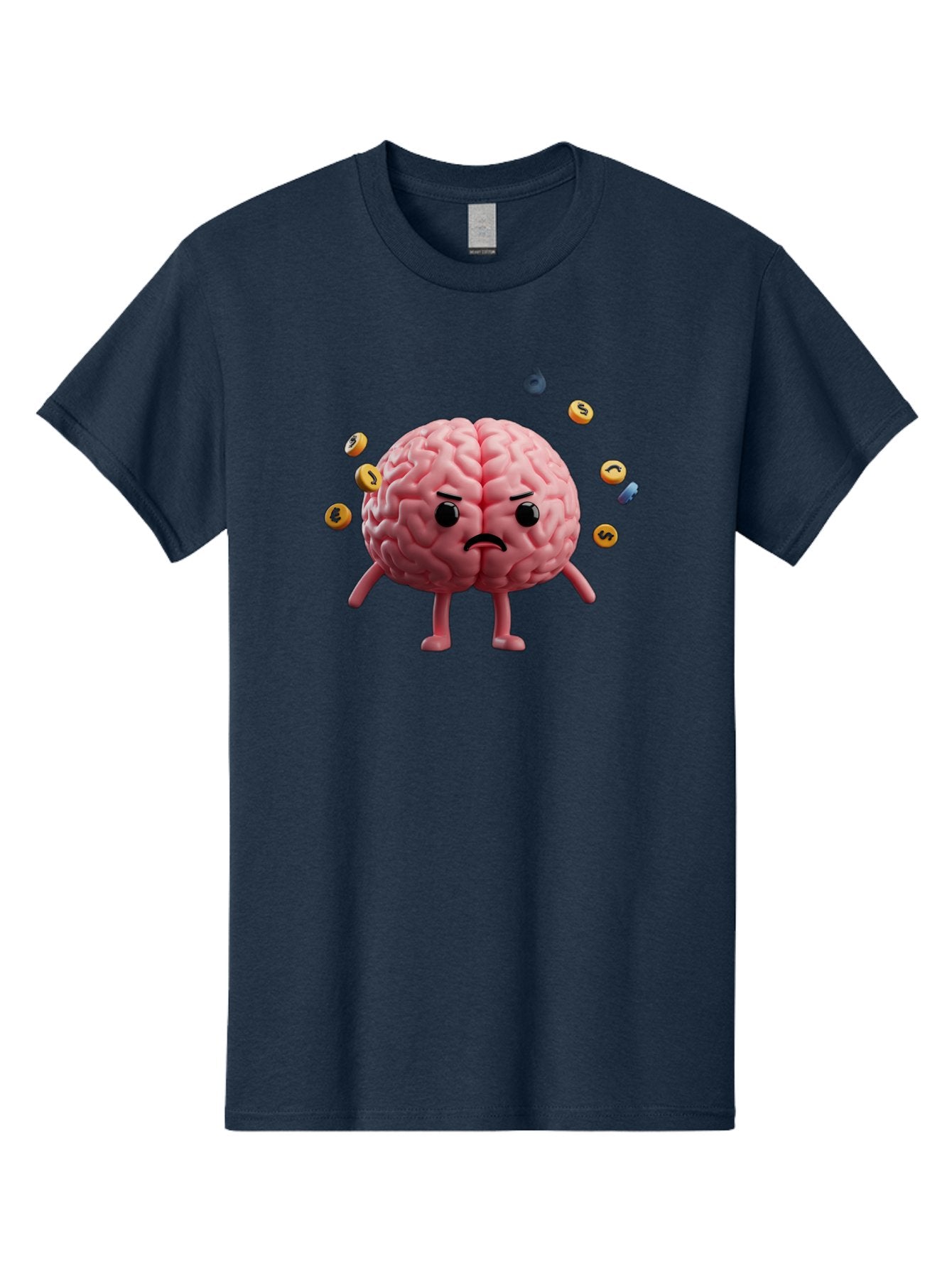 Brain-With-Legs-And-Arms Men'S Graphic Tee, 100% Cotton, Comfortable Casual Summer Wear, Machine Washable, Cartoon Brain, Angry Face, Frowning, Confused Expression, Scattered Pills, Medication, Health Issue, Cognitive Function, Baa217 10