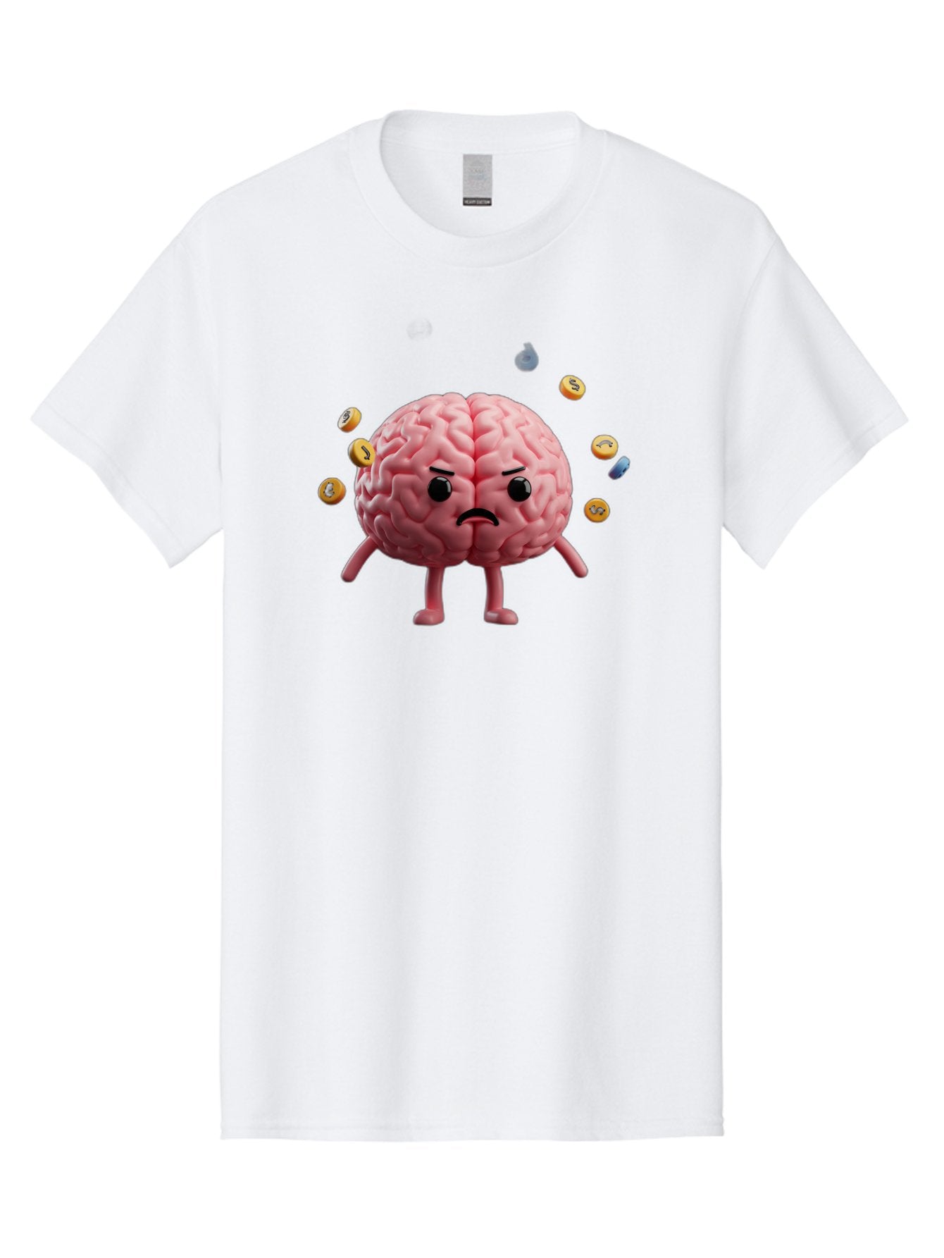 Brain-With-Legs-And-Arms Men'S Graphic Tee, 100% Cotton, Comfortable Casual Summer Wear, Machine Washable, Cartoon Brain, Angry Face, Frowning, Confused Expression, Scattered Pills, Medication, Health Issue, Cognitive Function, Baa217 9