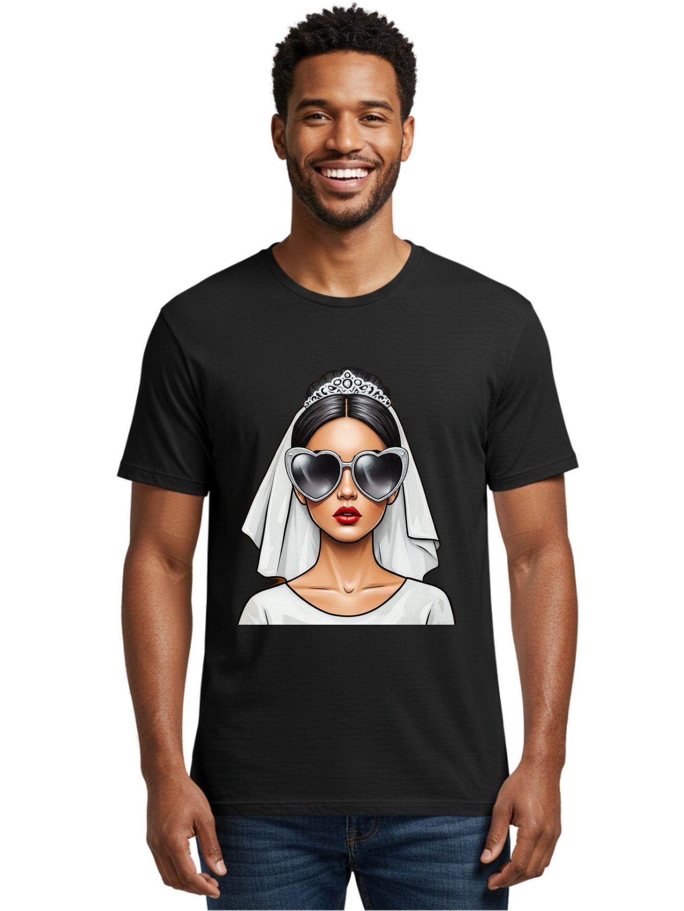 Bride-1 Men'S Graphic Tee, 100% Cotton, Comfortable Casual Summer Wear, Machine Washable, Bride Wearing Sunglasses, Heart-Shaped Shades, White Veil, Red Lips, Elegant Style, Fashionable Bride, Modern Wedding Attire, Trendy Accessories Baa218 25
