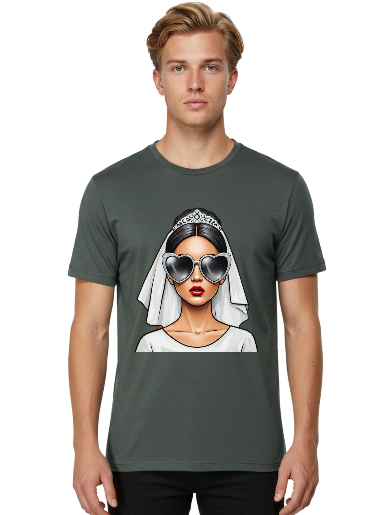 Bride-1 Men'S Graphic Tee, 100% Cotton, Comfortable Casual Summer Wear, Machine Washable, Bride Wearing Sunglasses, Heart-Shaped Shades, White Veil, Red Lips, Elegant Style, Fashionable Bride, Modern Wedding Attire, Trendy Accessories Baa218 27