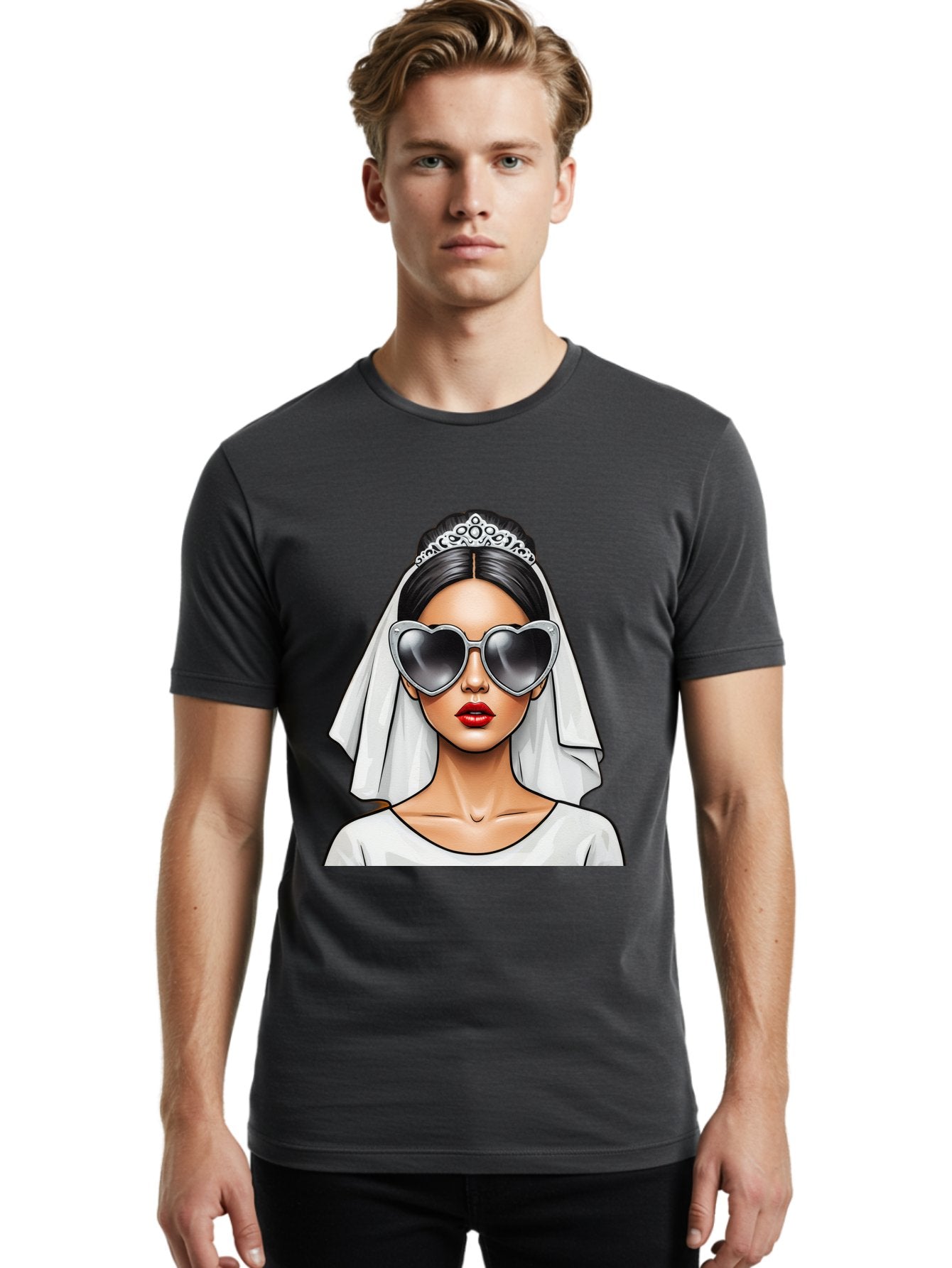 Bride-1 Men'S Graphic Tee, 100% Cotton, Comfortable Casual Summer Wear, Machine Washable, Bride Wearing Sunglasses, Heart-Shaped Shades, White Veil, Red Lips, Elegant Style, Fashionable Bride, Modern Wedding Attire, Trendy Accessories Baa218 16