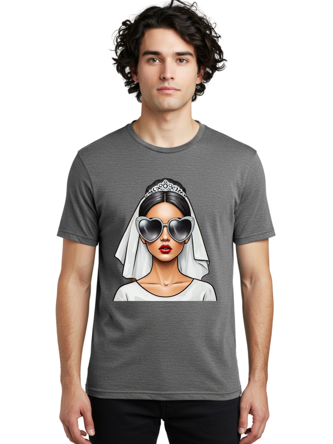Bride-1 Men'S Graphic Tee, 100% Cotton, Comfortable Casual Summer Wear, Machine Washable, Bride Wearing Sunglasses, Heart-Shaped Shades, White Veil, Red Lips, Elegant Style, Fashionable Bride, Modern Wedding Attire, Trendy Accessories Baa218 30